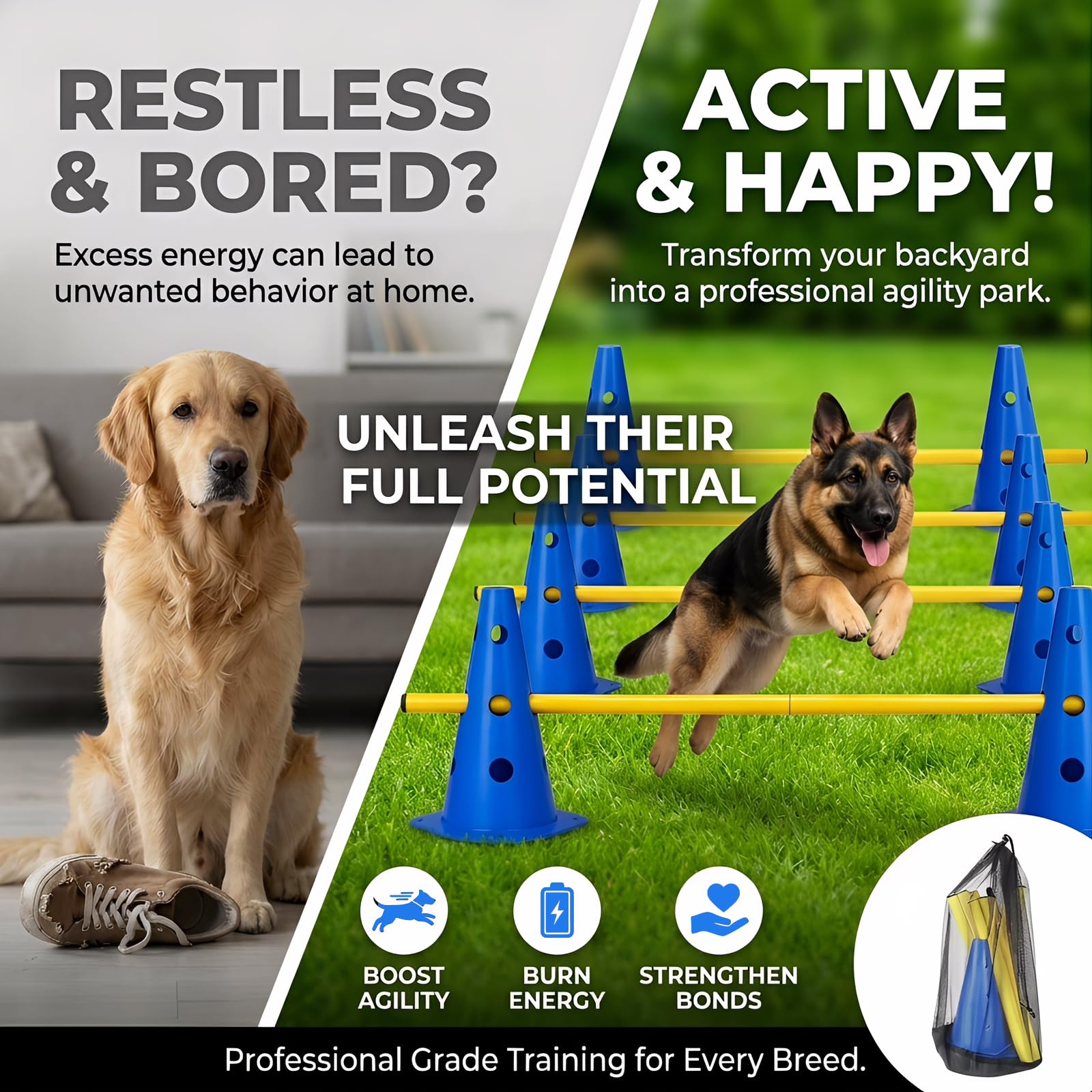 Kit Ostacoli Agility Impilabili, 10 Coni + 5 Barre (80cm) - Ostacoli Regolabili per Addestramento di Coordinazione per Bambini, Cani e Cavalli, Salti per Percorsi Cinofili ed Equitazione