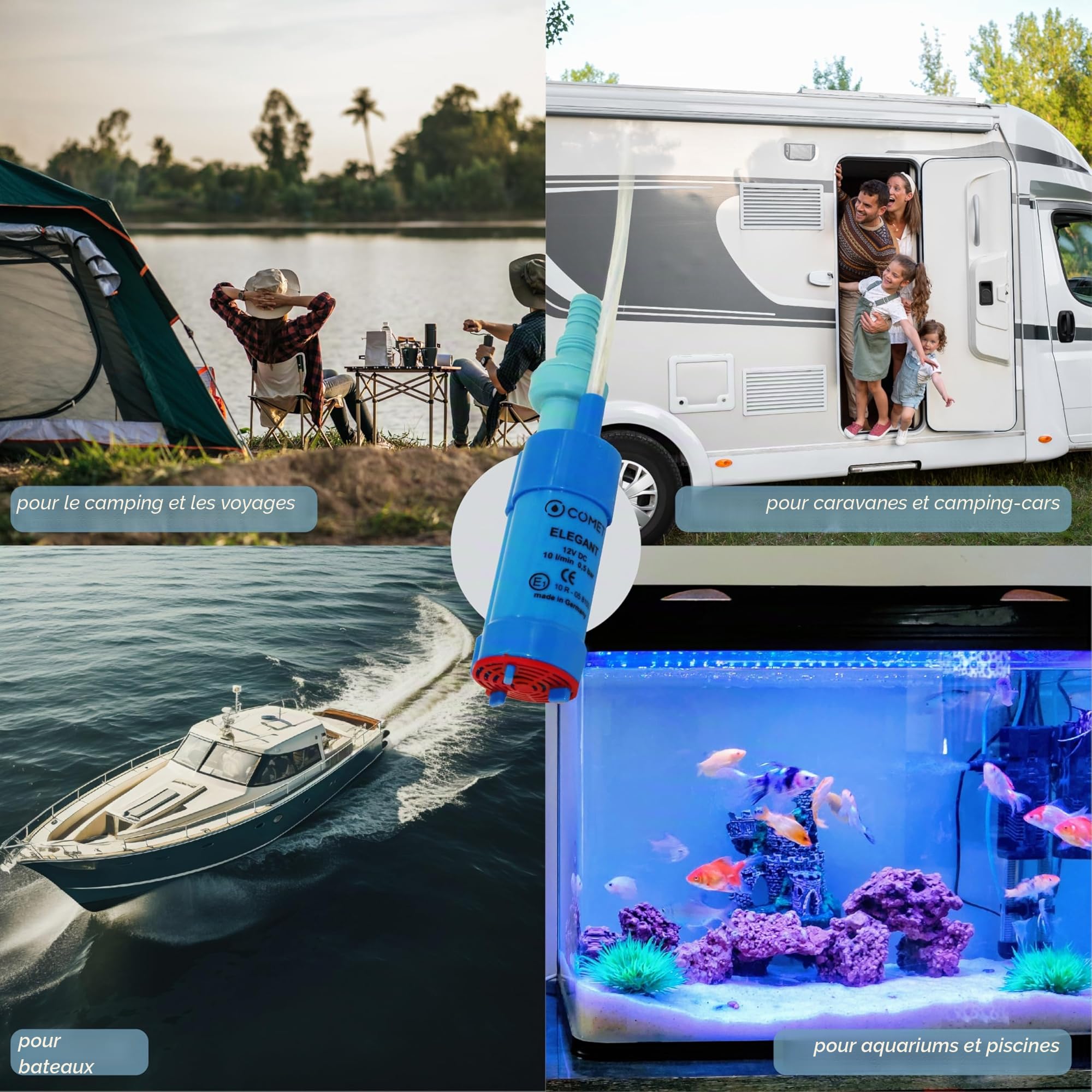 Comet Elegant Pompe à eau 12 V avec clapet anti-retour (fixe) + filtre – Kit avec ebook de camping – Pour camping-car, caravane, pompe submersible