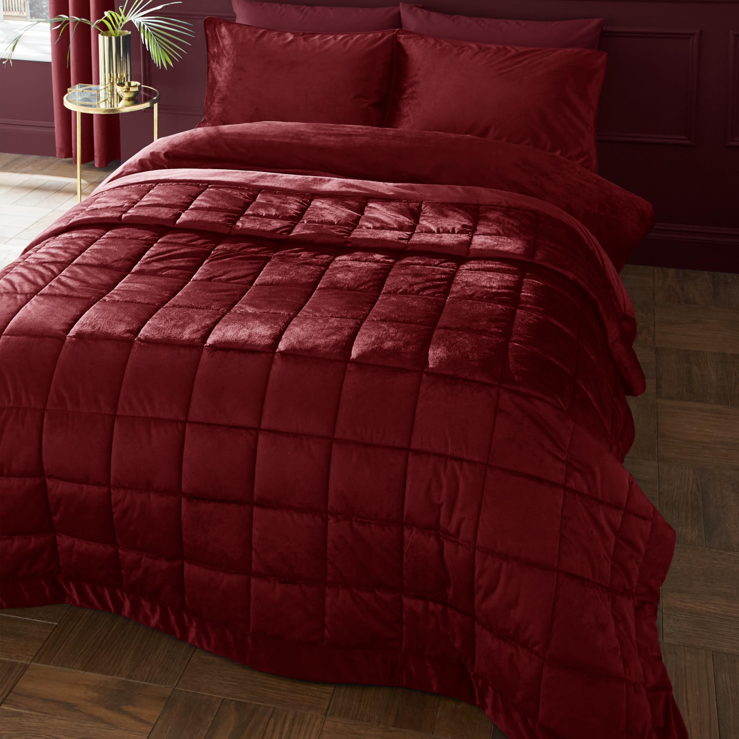 Catherine Lansfield Kingsley Matt Velvet Quilted 220x220cm Bedspread Burgundy