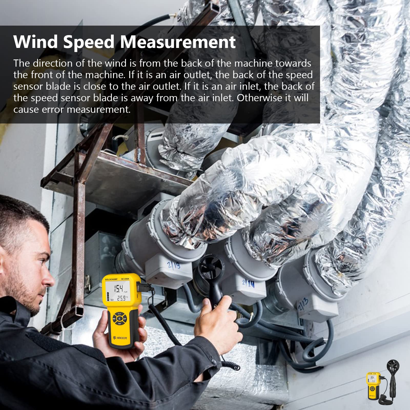 Anemometer windmesser, Digitales Anemometer Handmessgerät 826A Windmesser Windmessgerät/Temperatur ℃/℉, Digitaler Windmesser Max/Min/Durchschnitt/Echtzeitmessung mit LCD-Hintergrundbeleuchtung