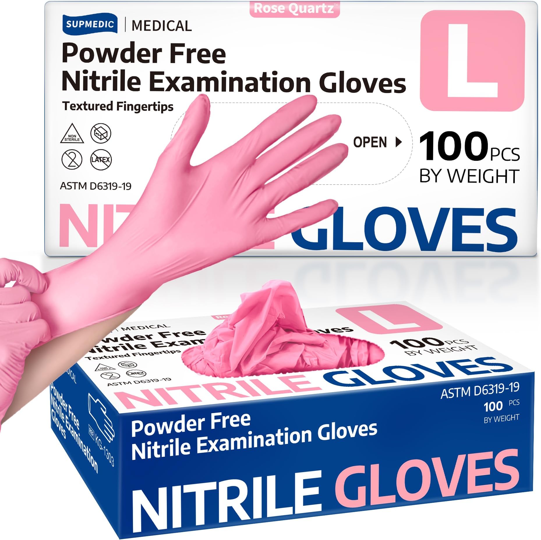 Supmedic Medical Nitrile Exam Gloves, Latex & Powder-Free Disposable 100 Ct | Soft Stretch Fit โขPowder-Free โขLatex-Free โขExamination โขCooking โขCleaning โขFood Prep โขEsthetician โข100 Ct โข Rose Quartz