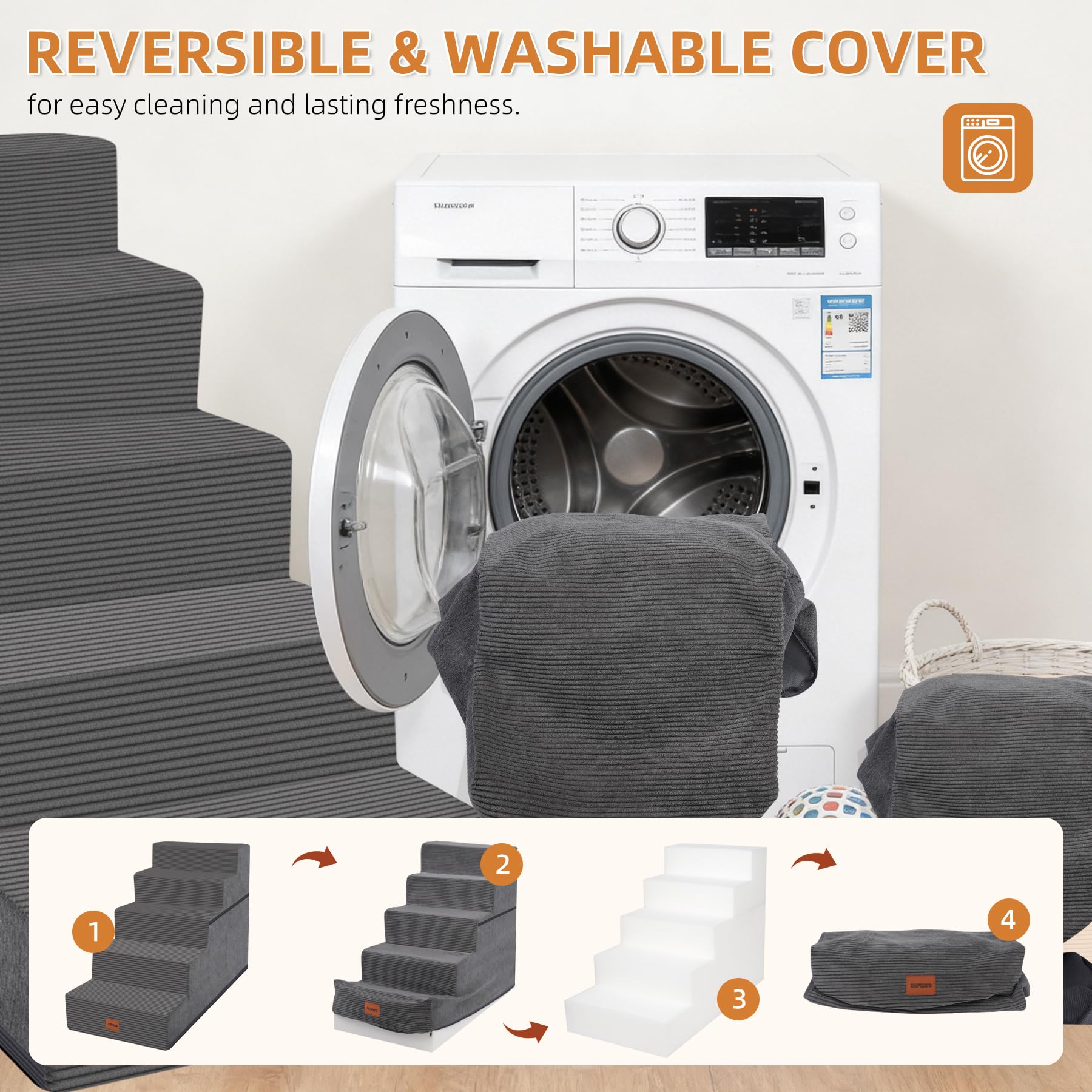 Escalera para perros pequeños 57 cm H, 5 escalones para mascotas de cama alta, entrada equilibrada antideslizante para mascotas para gatos medianos, escalera para perros interiores, color gris