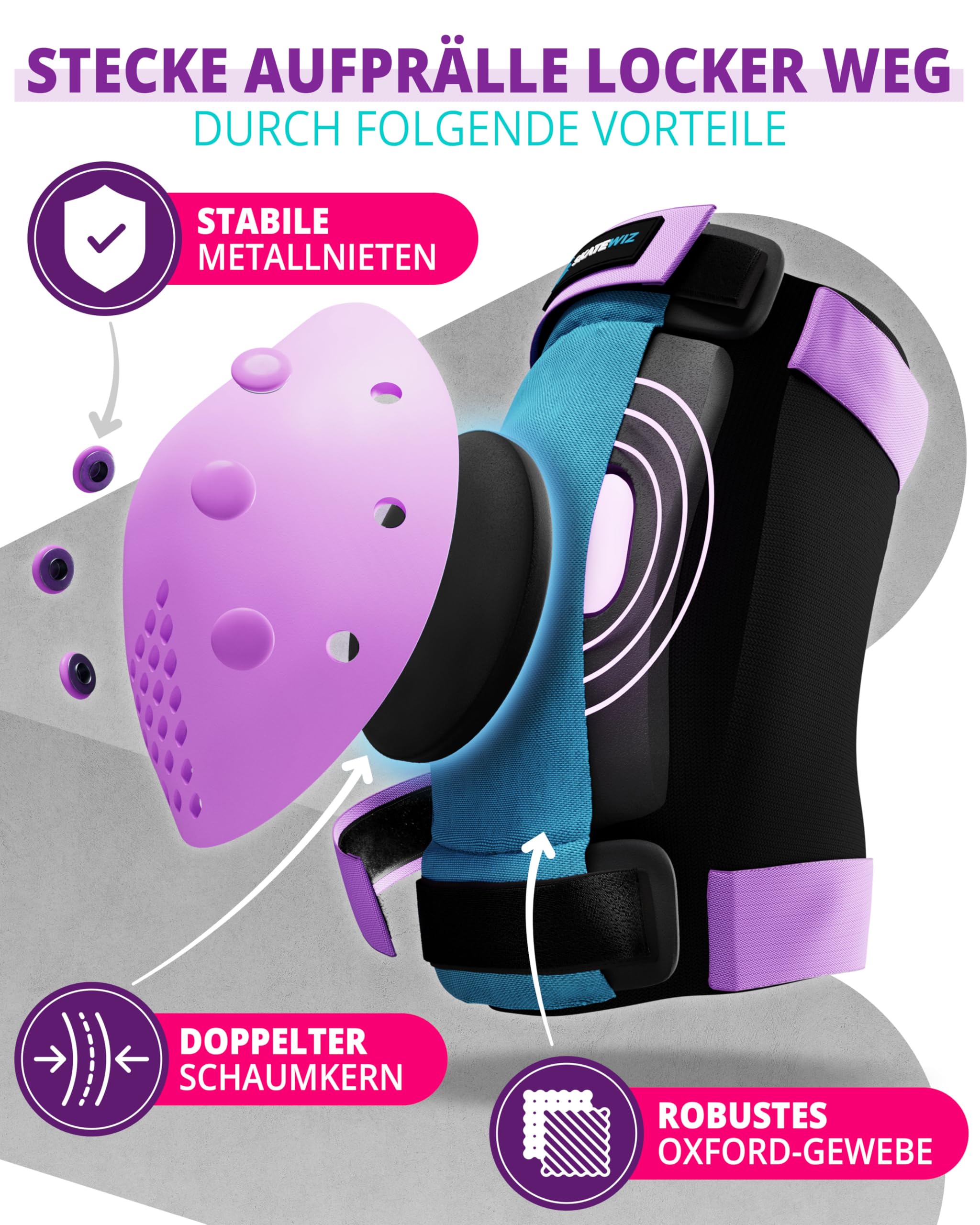 SKATEWIZ Protektoren Kinder - Knieschoner Kinder - Schoner Inliner Knieschützer - Schützer Inliner - Knie und Ellenbogenschützer - SMASH Größe S Blau Violett
