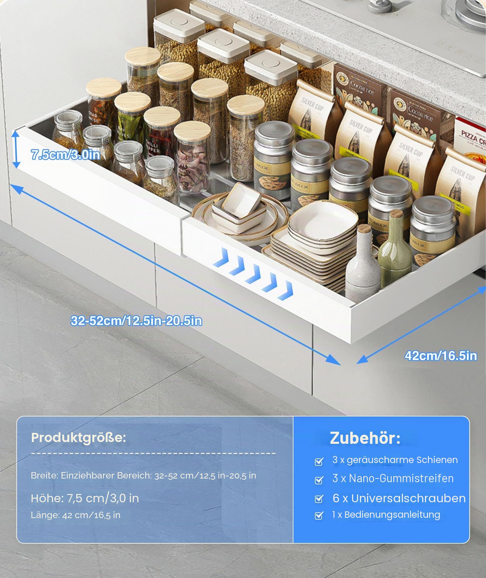 2PCS Ausziehbarer Schrank Organizer, Teleskopschublade Zum Nachrüsten Kein Bohren Und Nageln Erforderlich Pull Out Drawer Einstellbare Breite Für Die Küche Bad Wohnzimmer 32-52x42x7cm (2, Weiß)