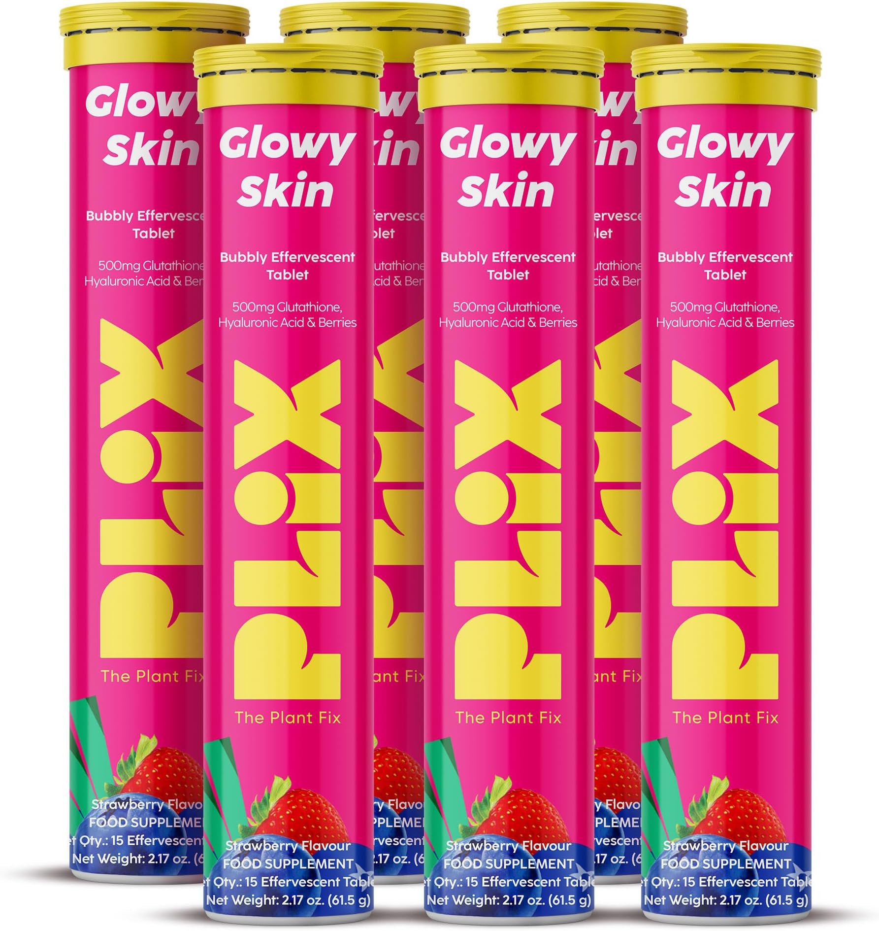 – PLIX Glowy Skin 500mg Glutathione Supplement with Hyaluronic Acid, Vitamin C, E & Berries | 90 Effervescent Tablets, Strawberry Flavor