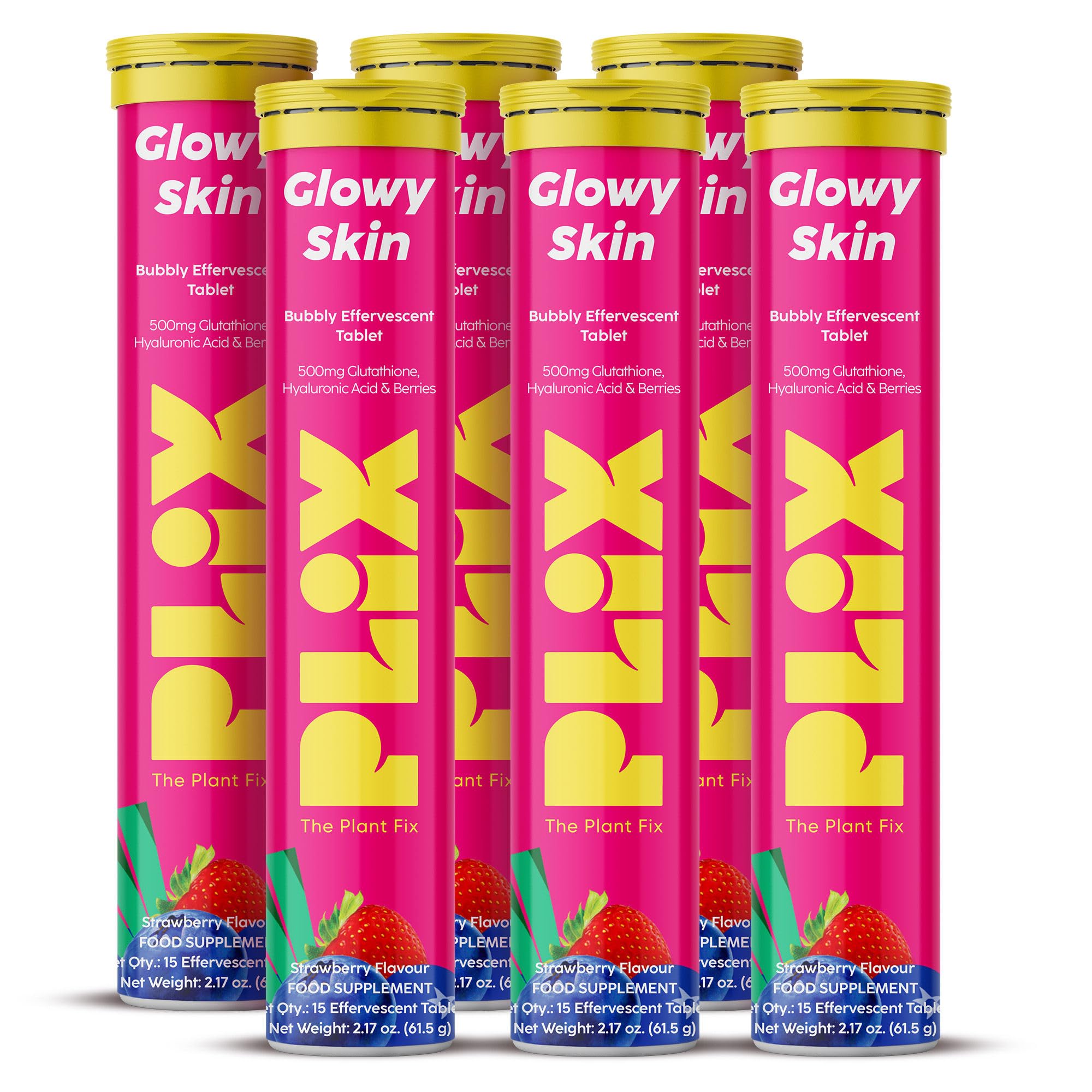 PLIX Glowy Skin 500mg Glutathione Supplement with Hyaluronic Acid, Vitamin C, E & Berries | 90 Effervescent Tablets, Strawberry Flavor