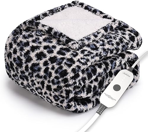 Sunbeam Manta eléctrica estampada de sherpa con bolsillo para los pies, 50 x 60 pulgadas, 4 ajustes de calor, apagado automático de 4 horas, manta