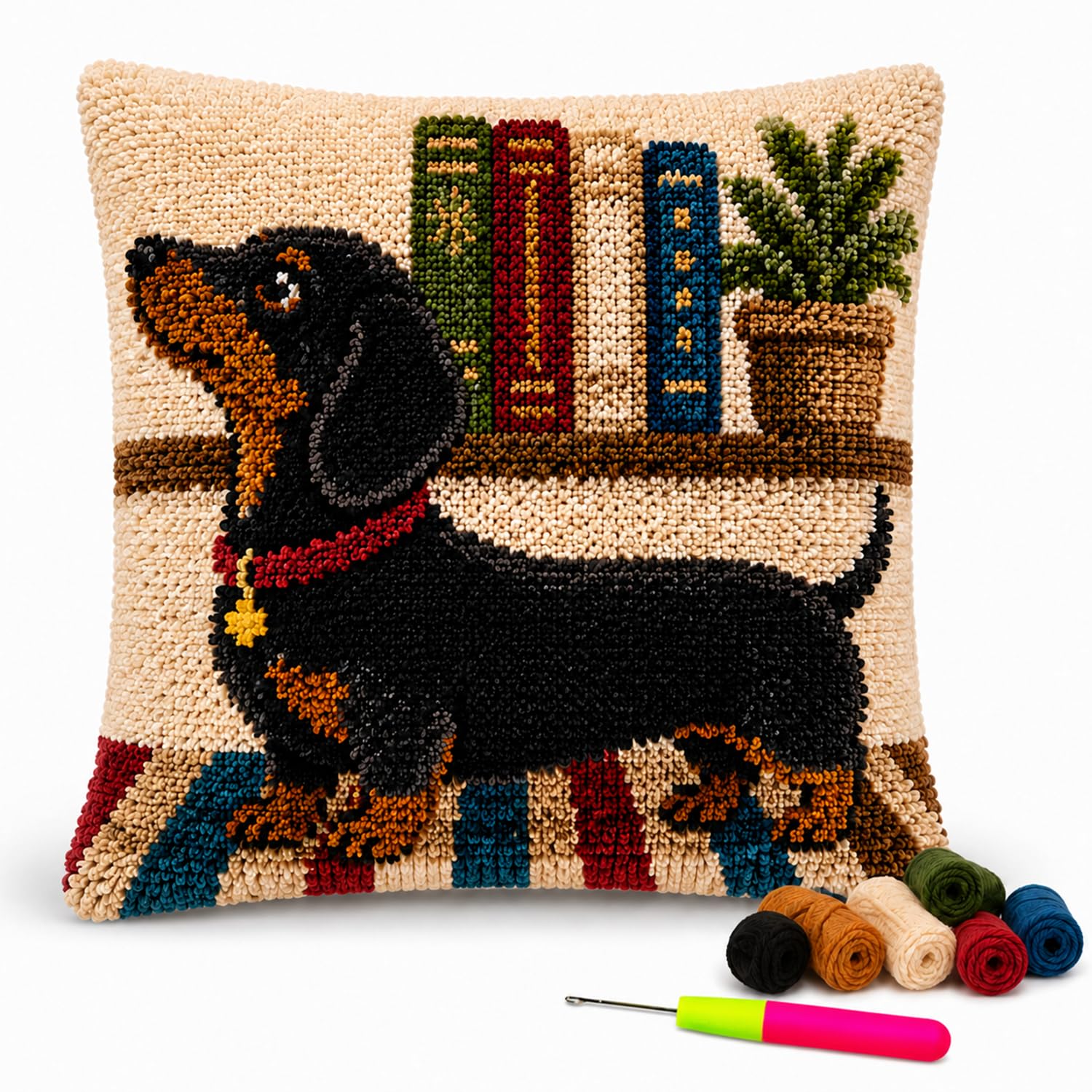 Velorin Latch Hook Cushion Kit for Adults, DIY Latch Hook Cushion Kit, Animal Craft Kit with Hook & Yarn 45x45cm (Dachshund)