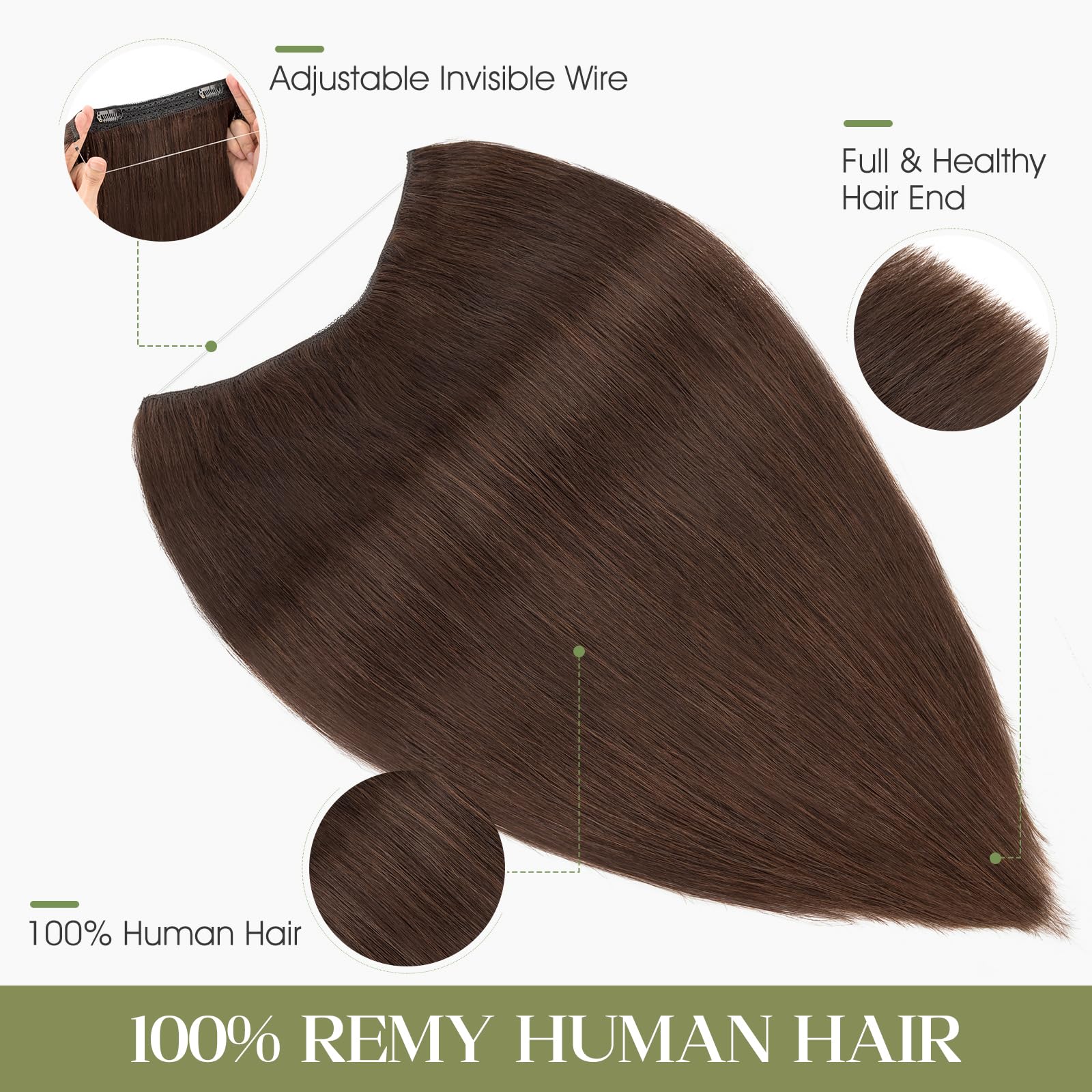 MY-LADY Extension Capelli Veri Filo Invisibile, 40cm Wire Hair Extensions in Capelli Umani Lisci per Donna con Corda Regolabile e 2 Clip #02 Marrone Scuro 65g