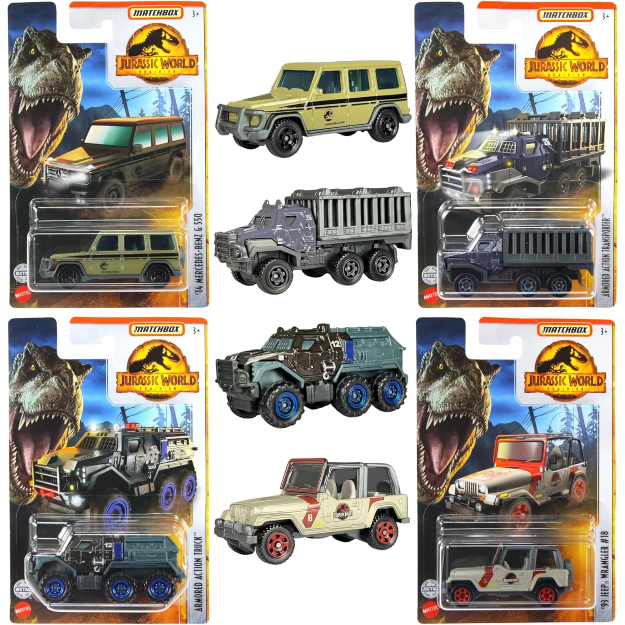 HasbroMatchbox Jurassic World Dominion Diecast Model Vehicles - Set of 4 - Mercedes-Benz G 550, Armored Action Transporter, Armored Action Truck, & Jeep Wrangler
