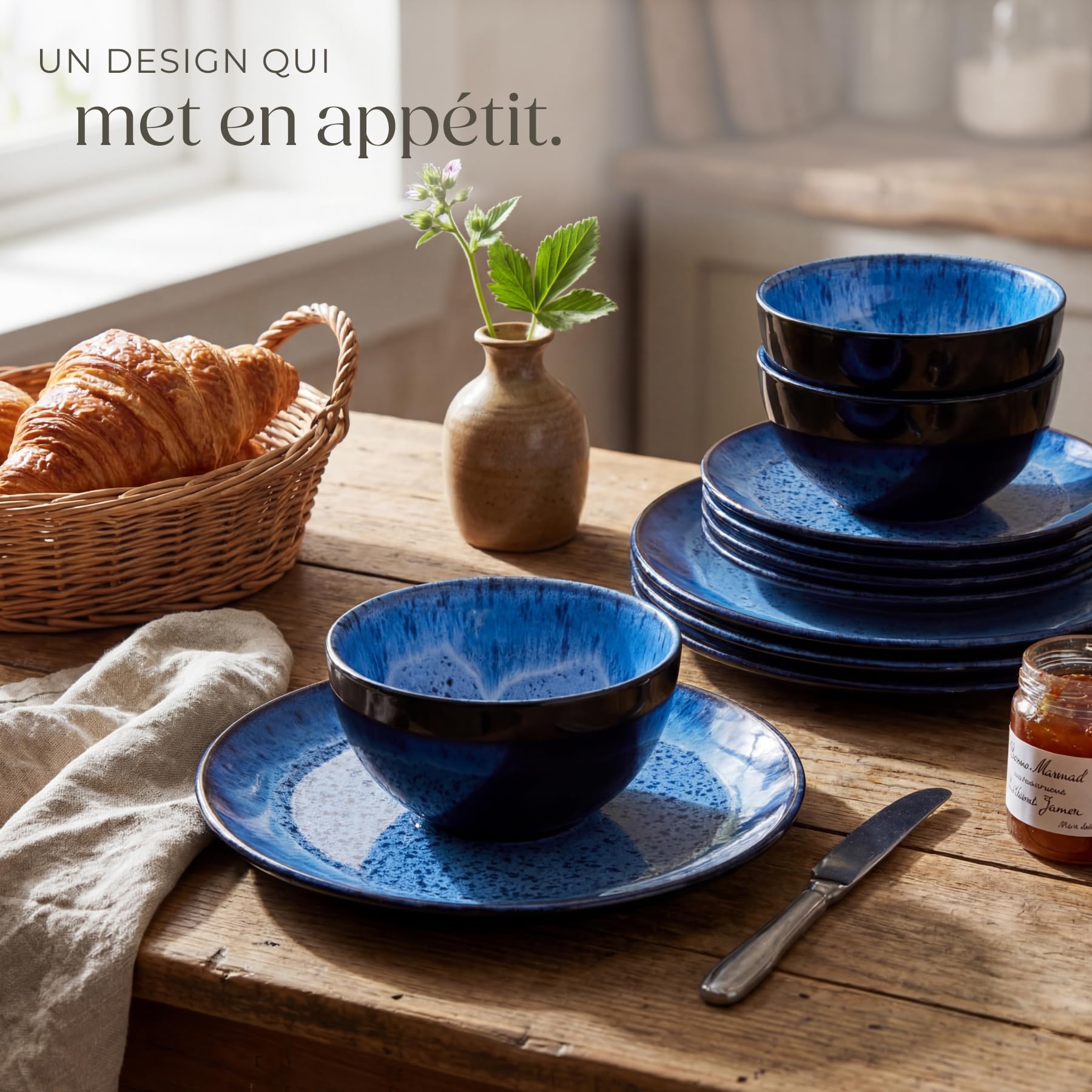 tectake® Service de table 24 pièces pour 6 personnes, Petites et Grandes Assiettes, Assiette creuse, Bols, Service vaisselle en faience, Vaisselle et Arts de la table, Set assiette et Bol, Bleu