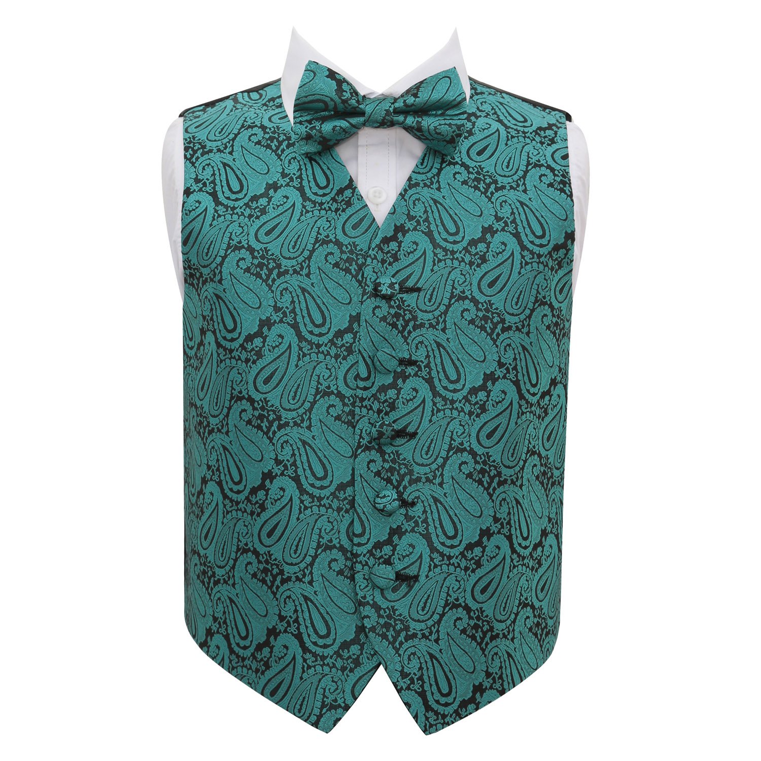 DQT Boys Paisley Floral Wedding Waistcoat Vest & Bow Tie Set – Page Boy Formal Suit – Teal 34" (13–14 Years)