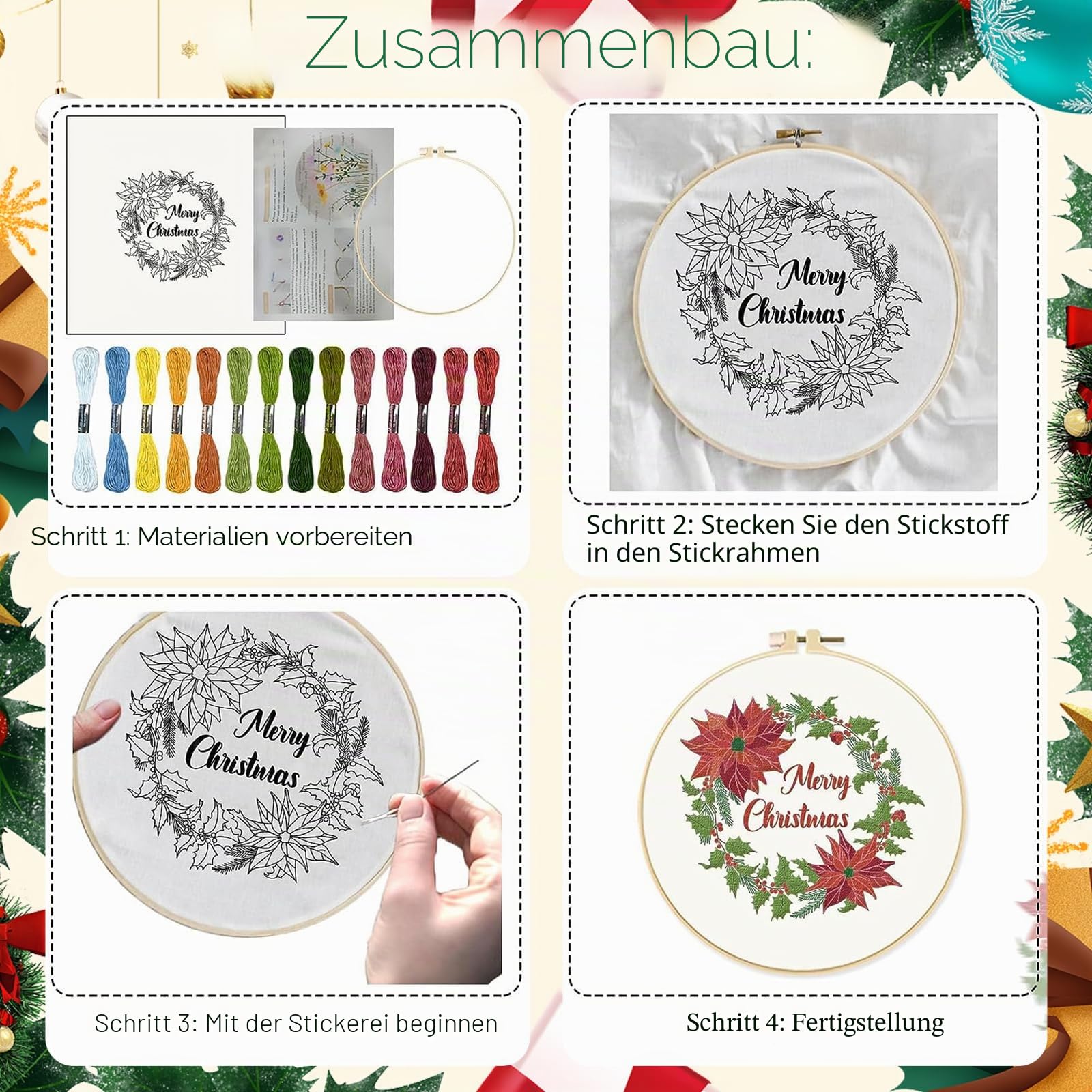 INFUNLY 4 Sets Weihnachts-Sticksets, Kreuzstich-Sets Für Anfänger Mit Anleitung, Stick-Starter-Set Für Erwachsene, 11.8x11.8,(1) cm Elch-Stickset Für Thanksgiving-Dekor, Zuhause, Schlafzimmer, Wand