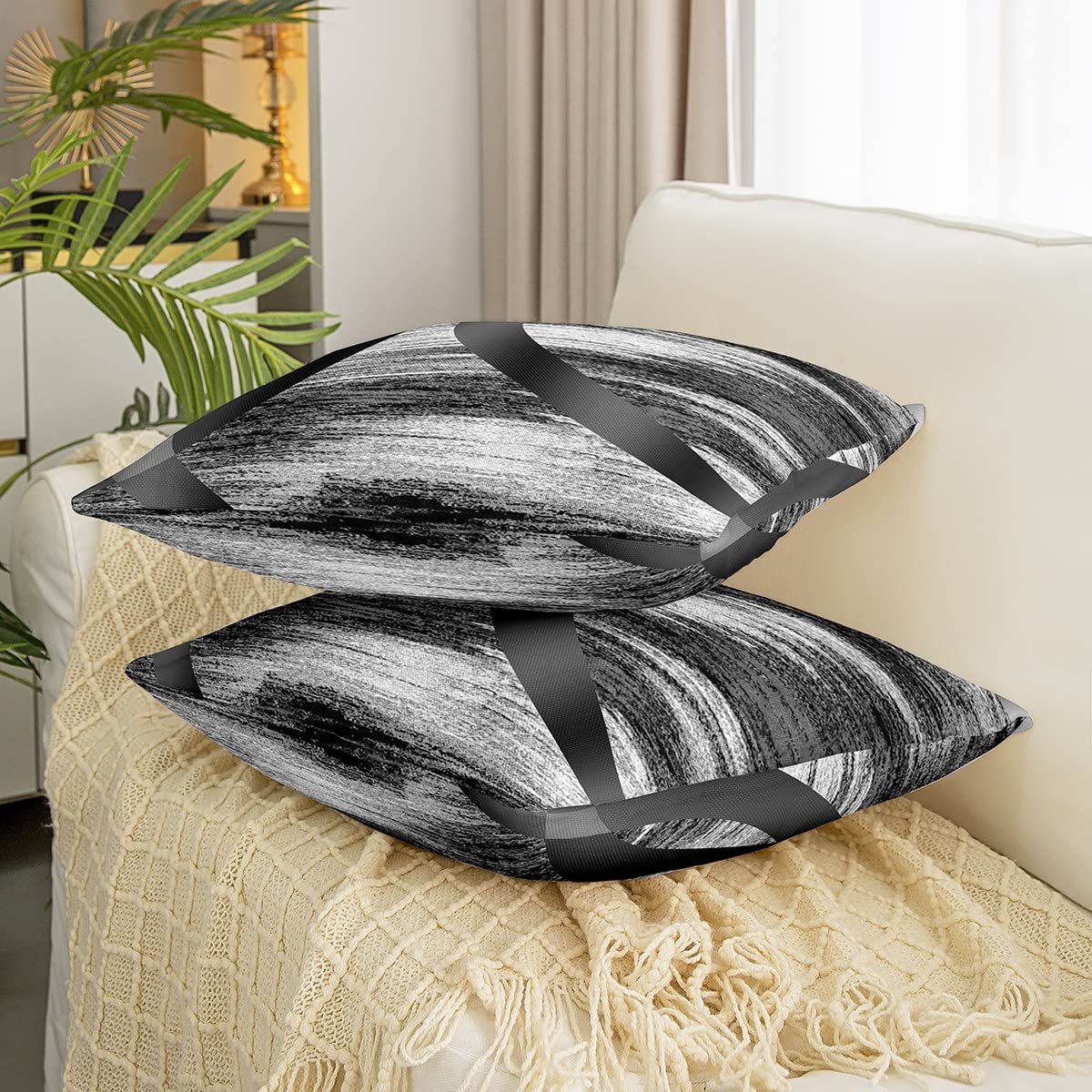 Loussiesd Black Grey Stripes Square Cushion Covers Set of 2 Geometric Reversible Throw Pillow Covers Pillow Covers Home Decor Set Women Men Decor Modern Abstract Striped Art Closure 18x18 Inch - Image 3