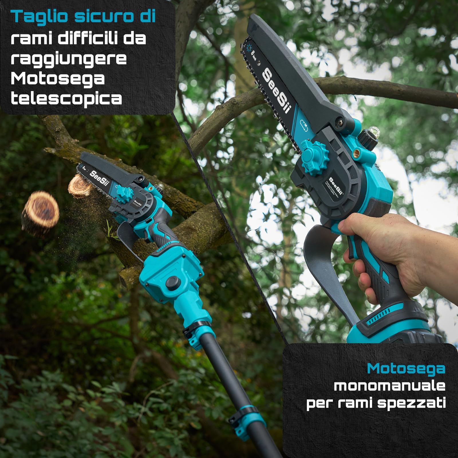 SEESII 2-in-1 Potatura Telescopica, 8 Pollici Mini Motosega Per Alberi | Motosega Telescopica a Batteria, Mini Sega Brushless con Asta Telescopica per Giardinaggio, Raggiunge Fino a 4,87m
