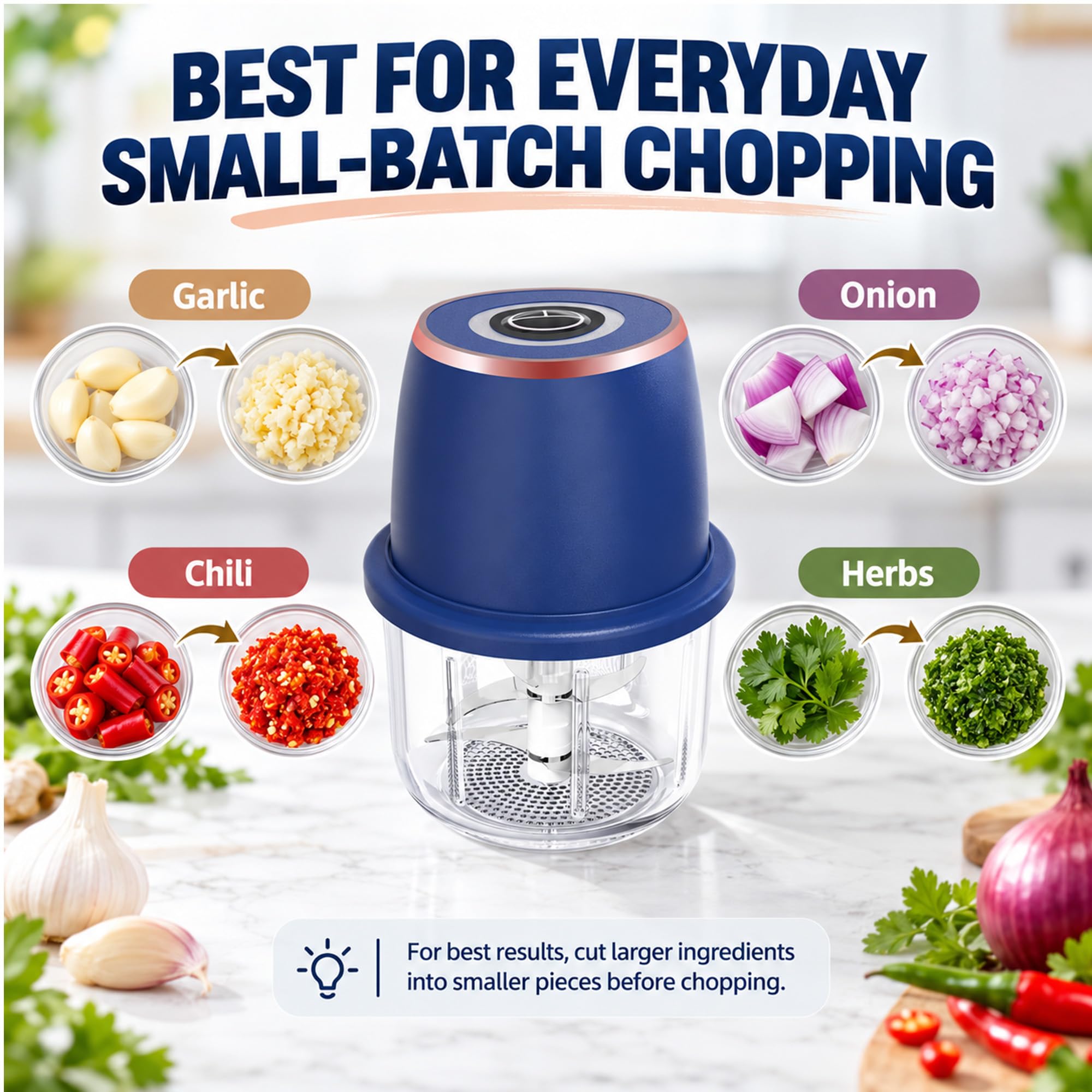 Hachoir électrique à ail 350 ml - Mini robot culinaire - Hachoir à légumes (bleu)