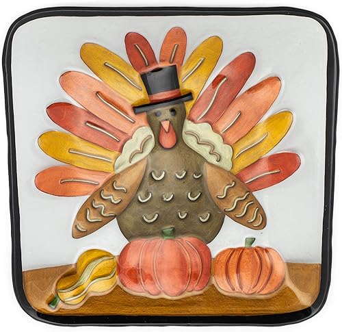 DEMDACO Pavo marrón natural 11 x 11 placa cuadrada decorativa de cristal vibrante de Acción de Gracias