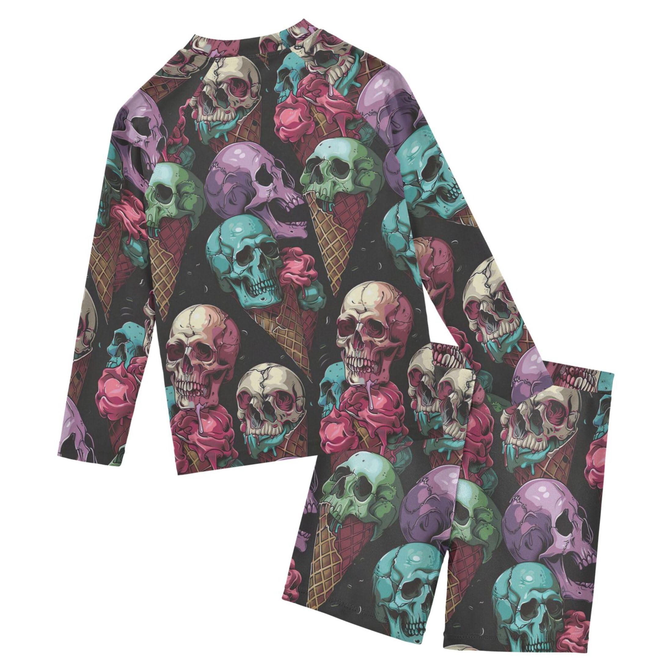 Sugar Skull Skeleton Ice Cream Boys Rash Guard Swimsuits Set Long Sleeve Swim Shirts Bathing Suits B0403440