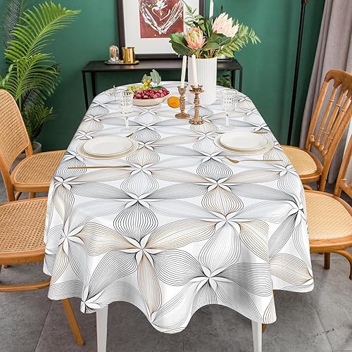 Miniatura 3 de Mantel ovalado 52x70 Pulgadas, diseño moderno abstracto geométrico con flores, mantel ovalado impermeable sin arrugas para mesas de interior y
