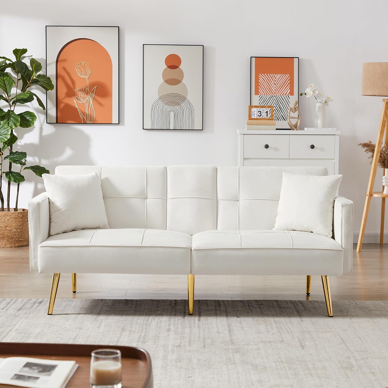 Kaimei Cream White Velvet Futon Sofa Bed with Gold Metal