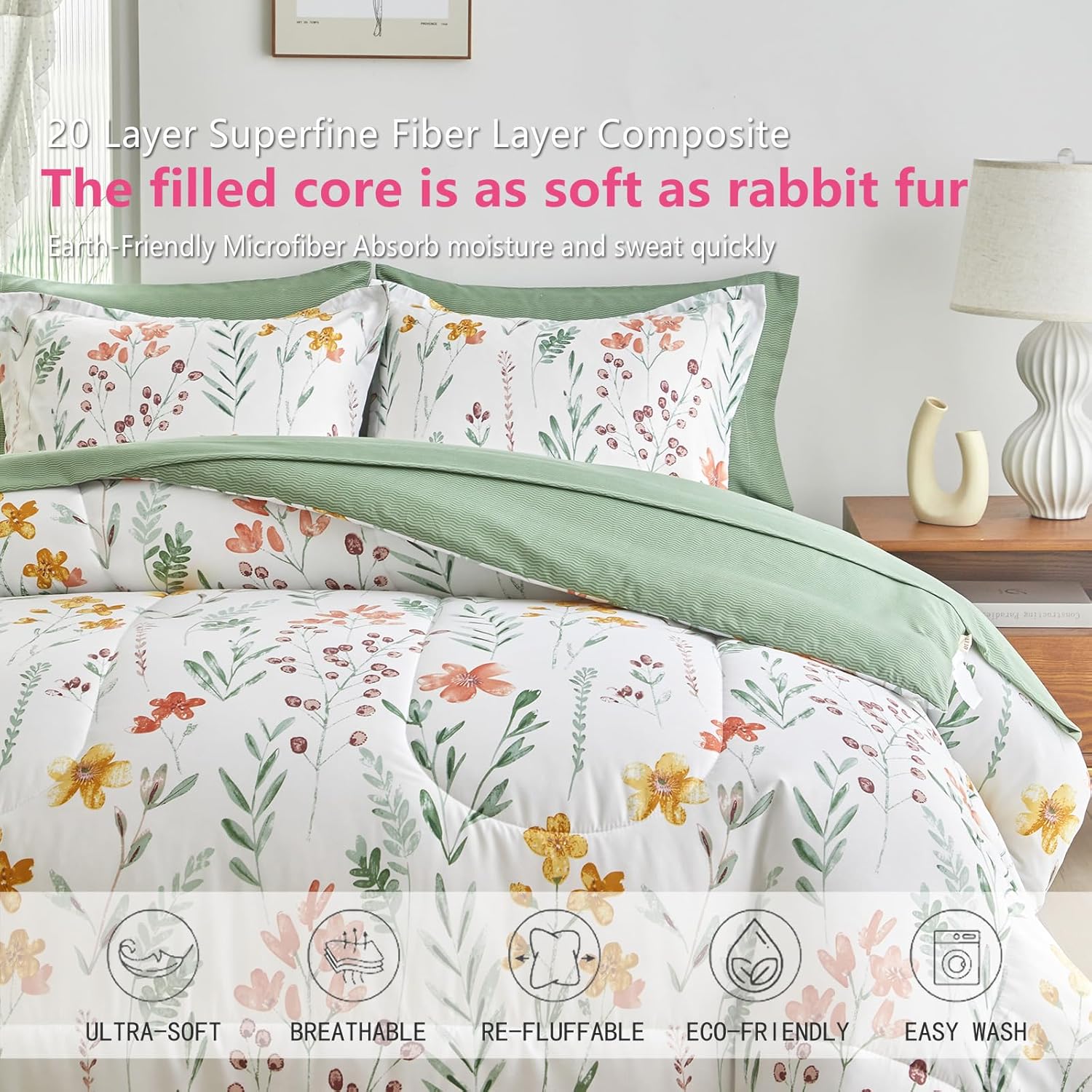 AIKASY Bed in a Bag 6 Pieces Twin Size - Floral Print - Soft Microfiber, Reversible Bed Comforter Set (1 Comforter, 2 Pillow Shams, 1 Flat Sheet, 1 Fitted Sheet, 1 Pillowcases)（White, Twin） - Image 6