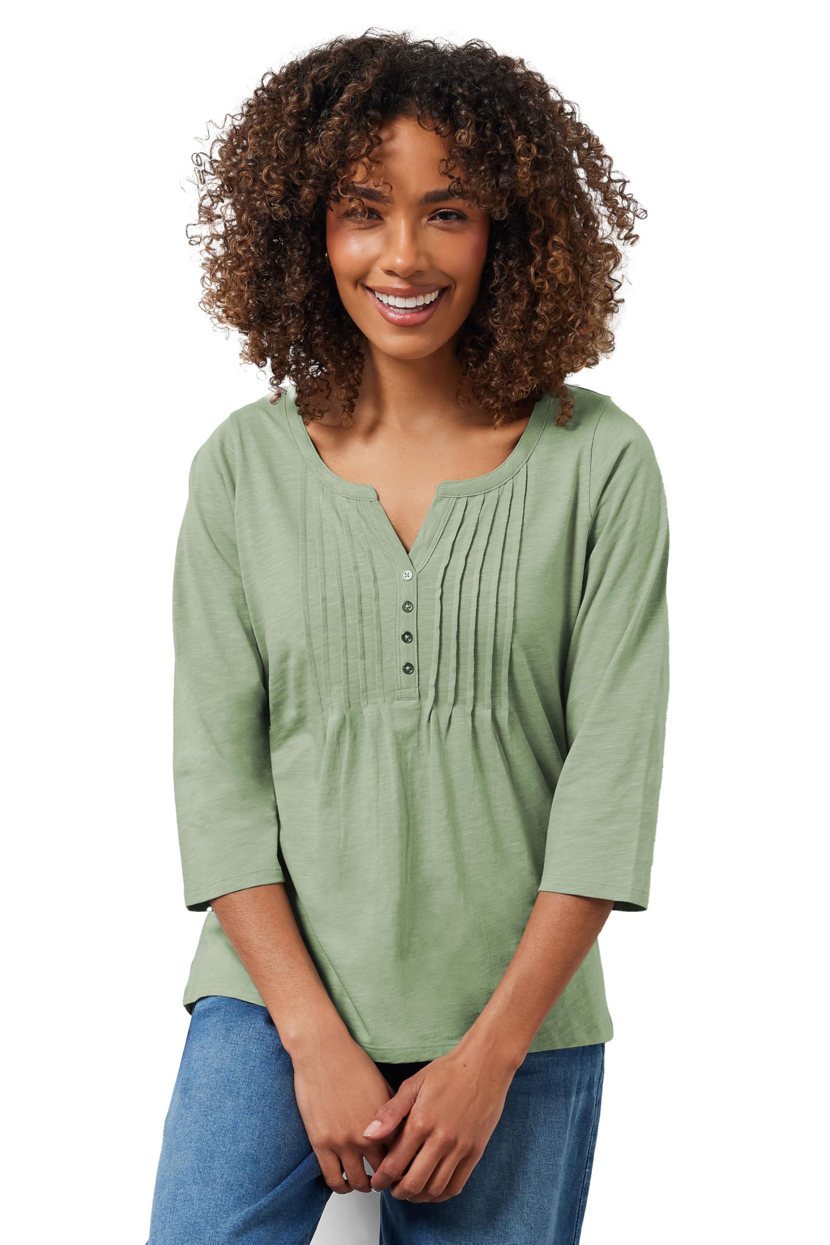 M&Co Sage Green Long Sleeve Cotton Henley Top - Women's