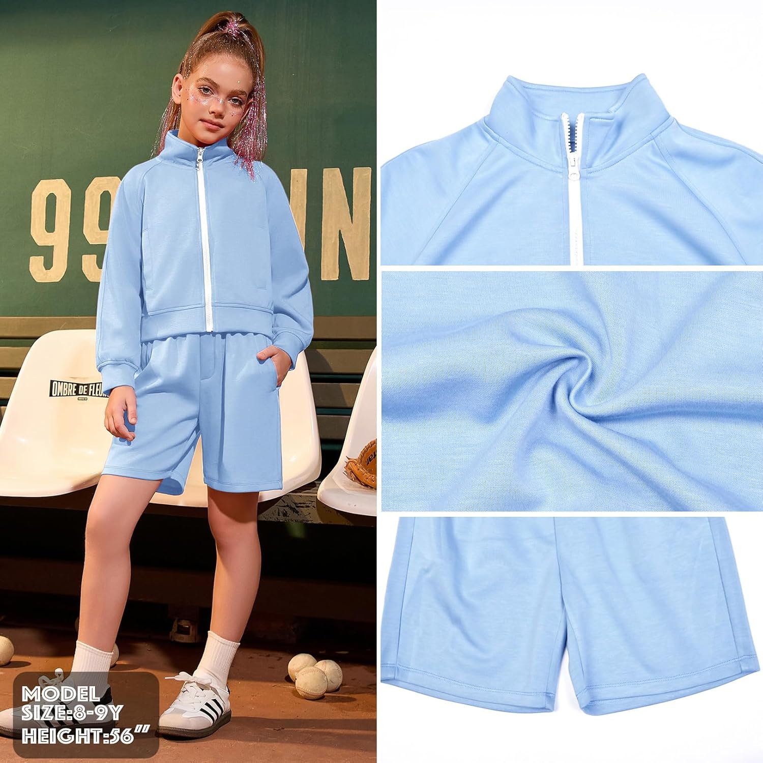 QPANCY Two Piece Sets for Girls Casual Sweatsuit Long Sleeve Full Zip Up Tracksuit Kid Sweat Shorts Sets - Image 5