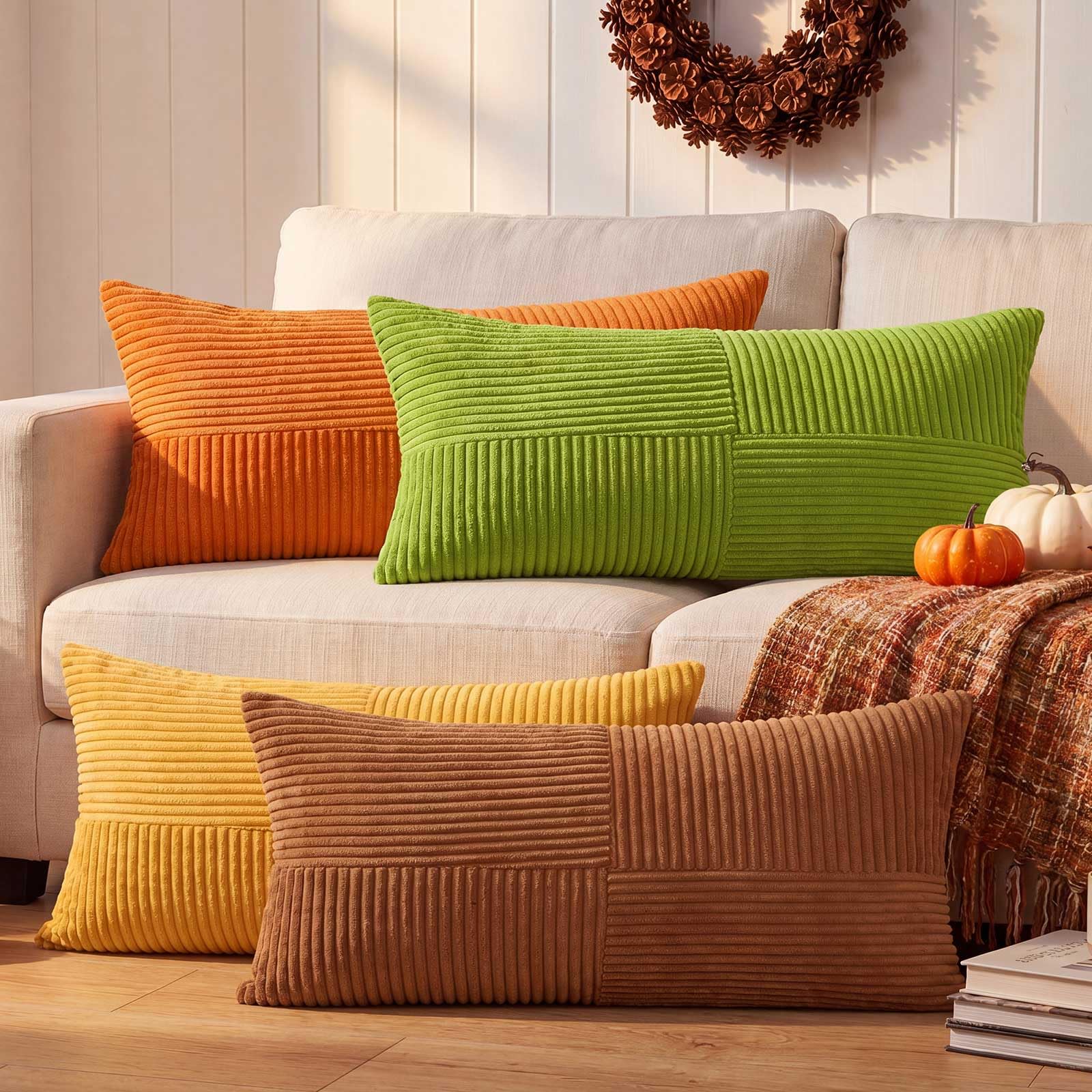 Benjia Autumn 16x32 Cushion Covers Set of 4, Lumbar Cushion Cases Decorative Throw Pillow Covers Fall Pillowcases 40 x 80 cm Striped Throw Pillow Cases for Boho Farmhouse Autumn Home Decor (4 Colors)