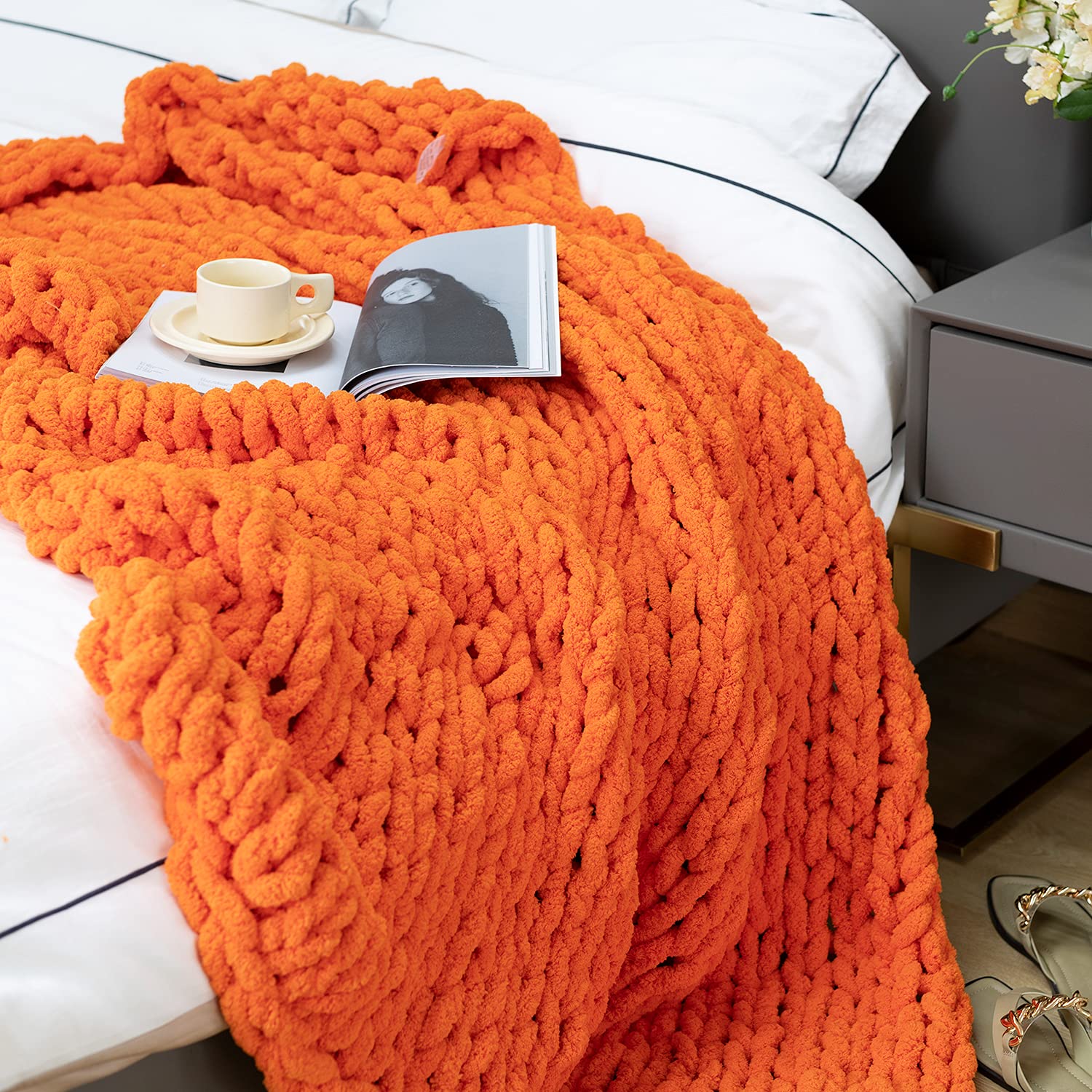 Chunky Knit Blanket Orange Crochet Blanket Big Blanket Chunky Throw
