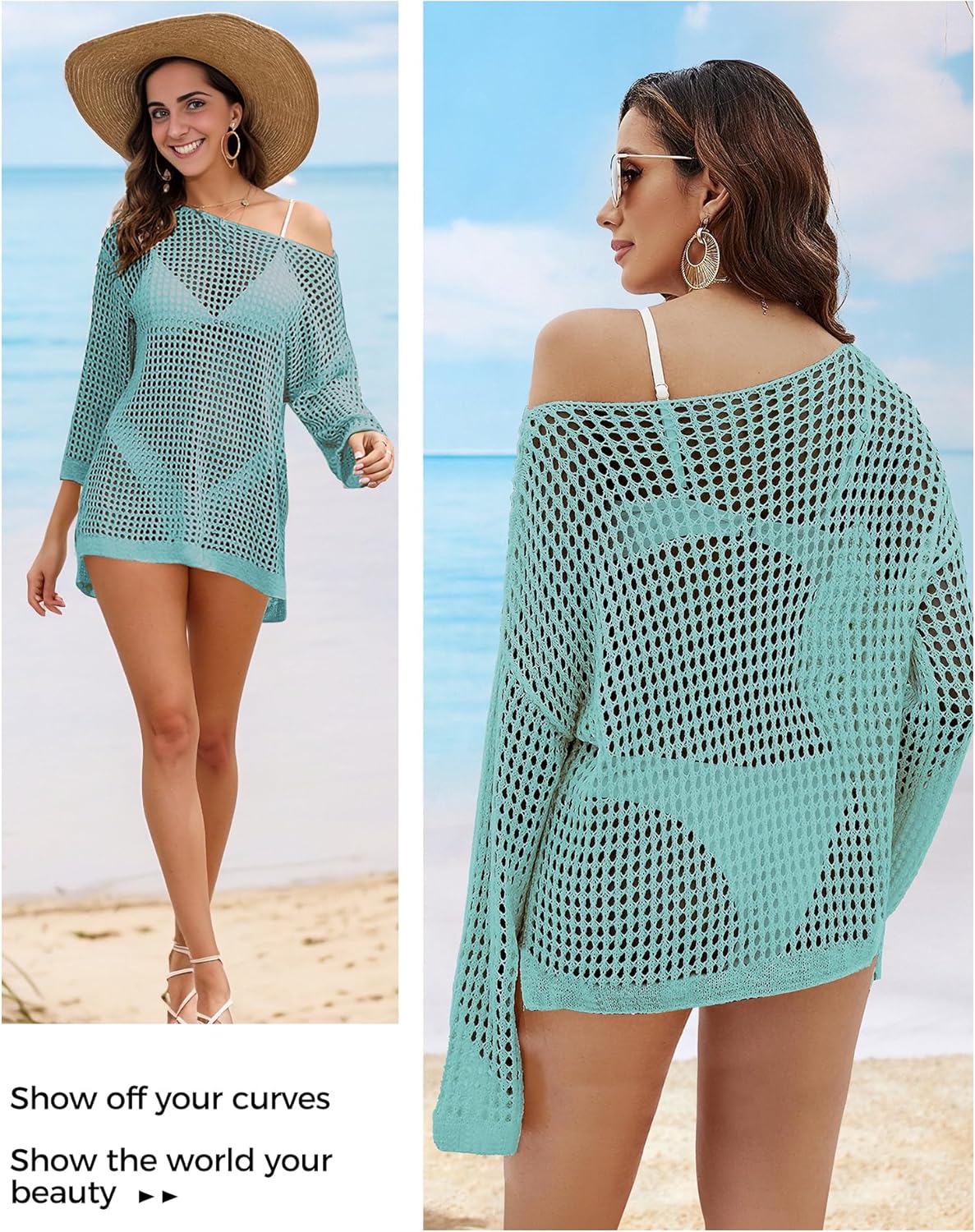 Buauty Women's Swimsuit Crochet Cover Up | Bathing Suit Swimwear Short Sleeve Knit Beach Dress Summer Vacation Outfits - Image 3