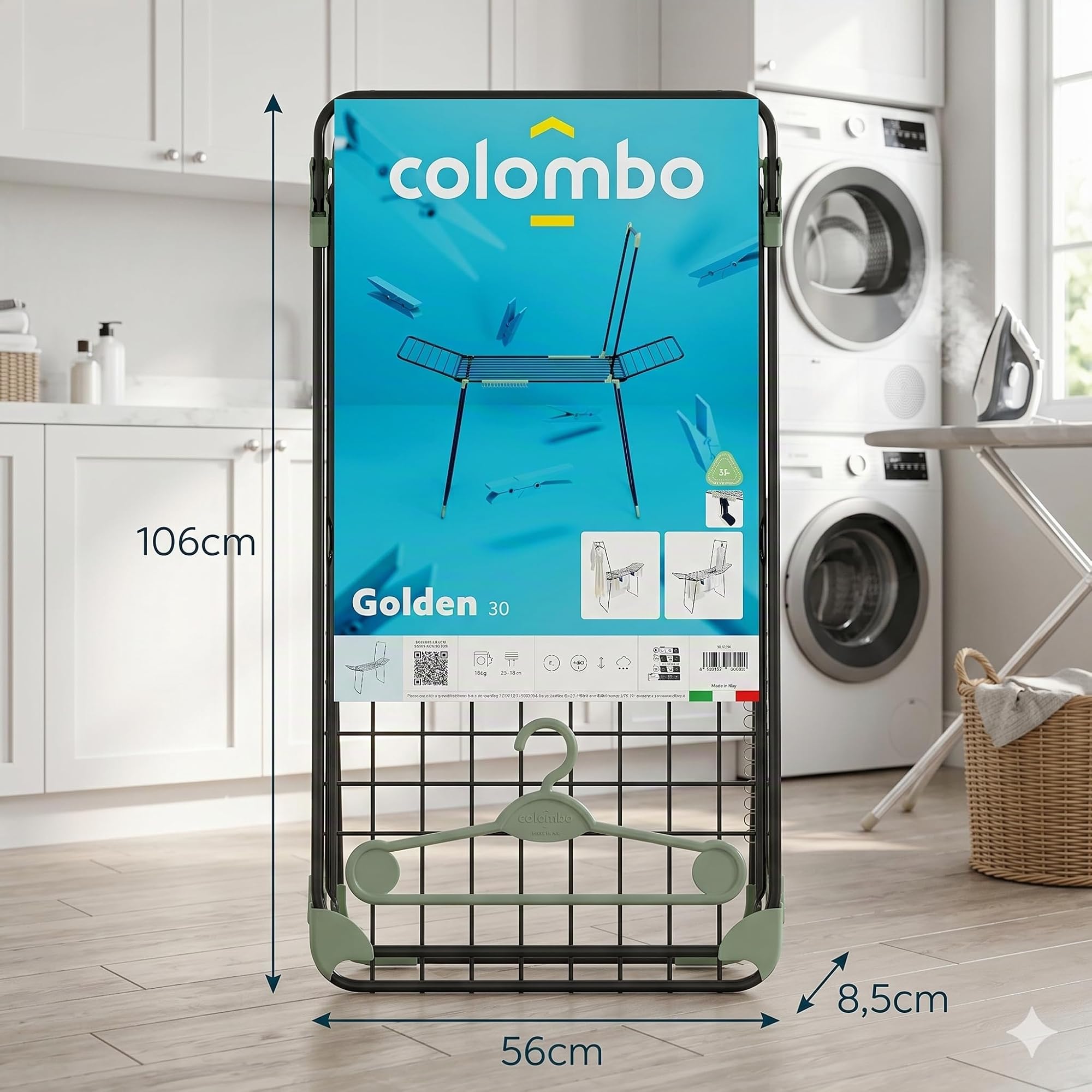 Colombo | Golden 30 Stendibiancheria a Ponte con 3 Grucce 30m Stenditura | Stendino Pieghevole con Ali, con Barra Porta Abiti e Porta Calzini | Acciaio Antiruggine | Include 3 Grucce | Made in Italy