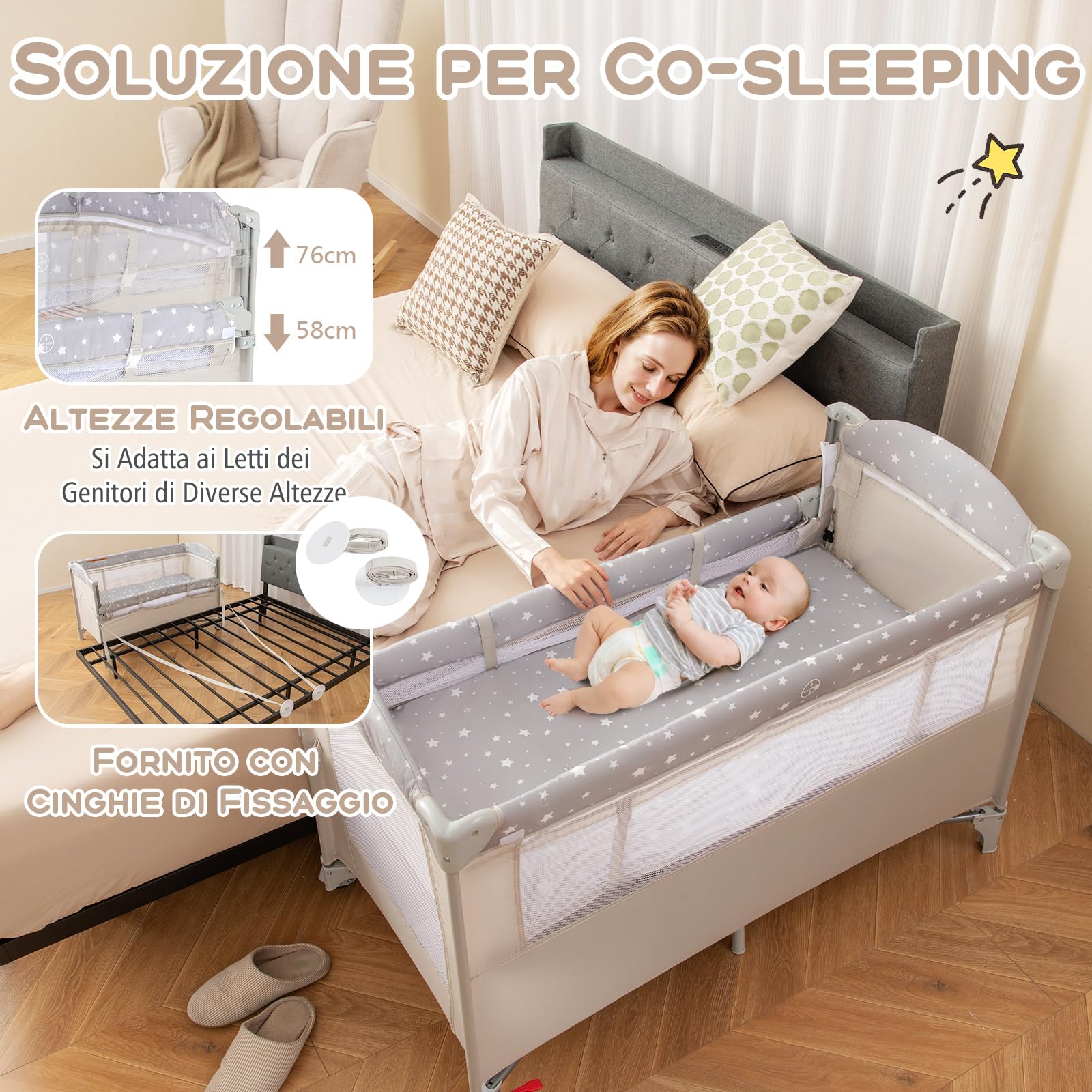 GYMAX Culla 5 in 1 con Fasciatoio, Palestrina, Scatola Musicale, Giochi, da Viaggio per Bambini, Lettino Portatile con Borsa da Trasporto per Neonati e Bambini (Beige)