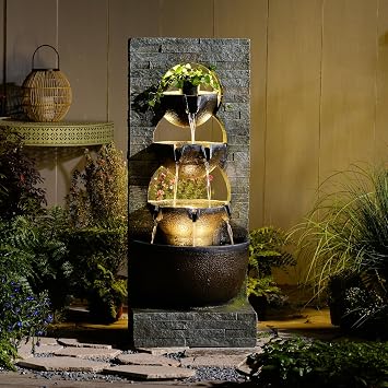 Tankana 43" H Water Fountain Outdoor Garden - Large Waterfall Tiered Freestanding Cascade Bowl Fountains with LED Strips for Patio Backyard Deck Porch Home Decor, Brown