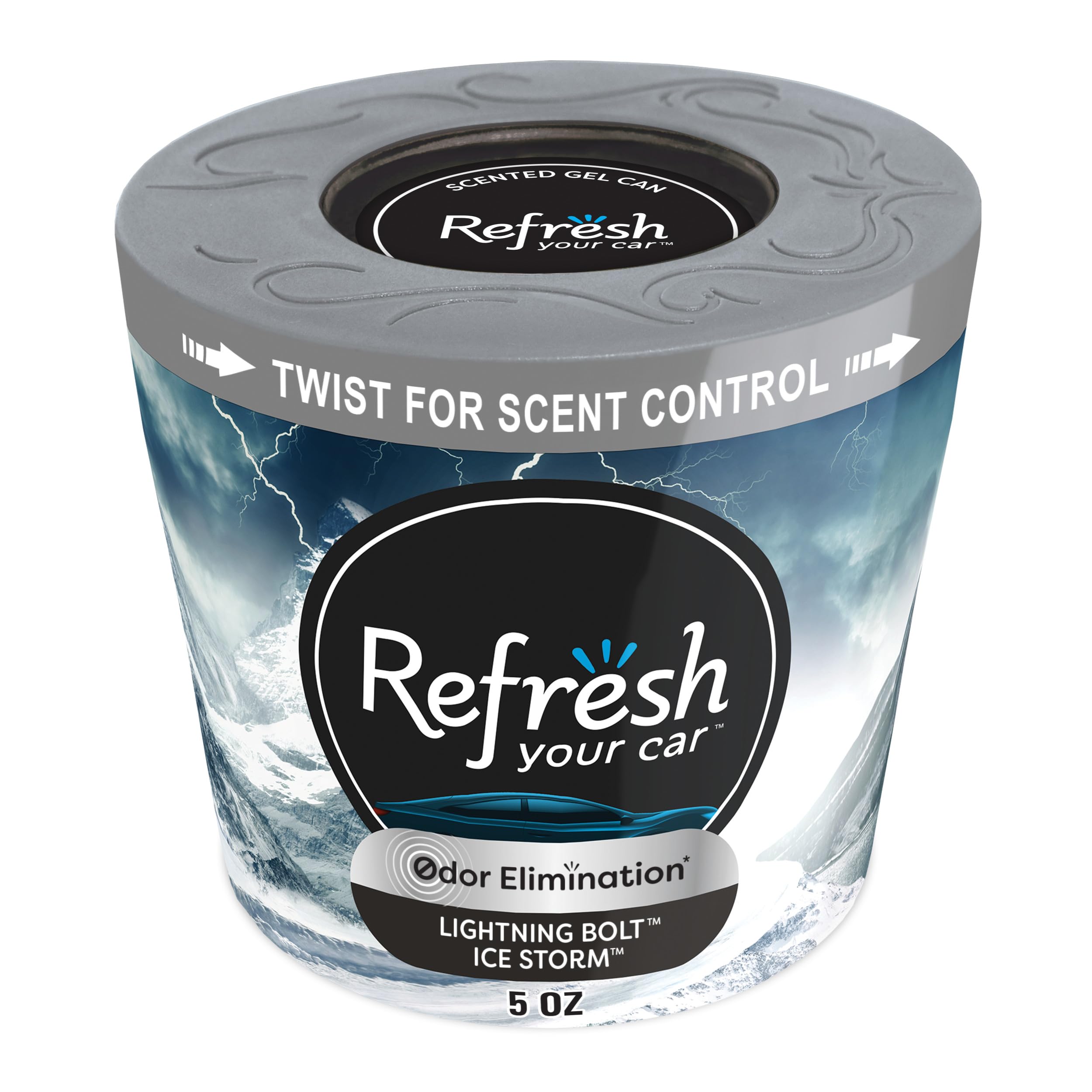 Refresh Your Car! Car Air Freshener, Odor Eliminator, Dual Scent Gel Can, Lightning Bolt/Ice Storm Scent, 5 Oz