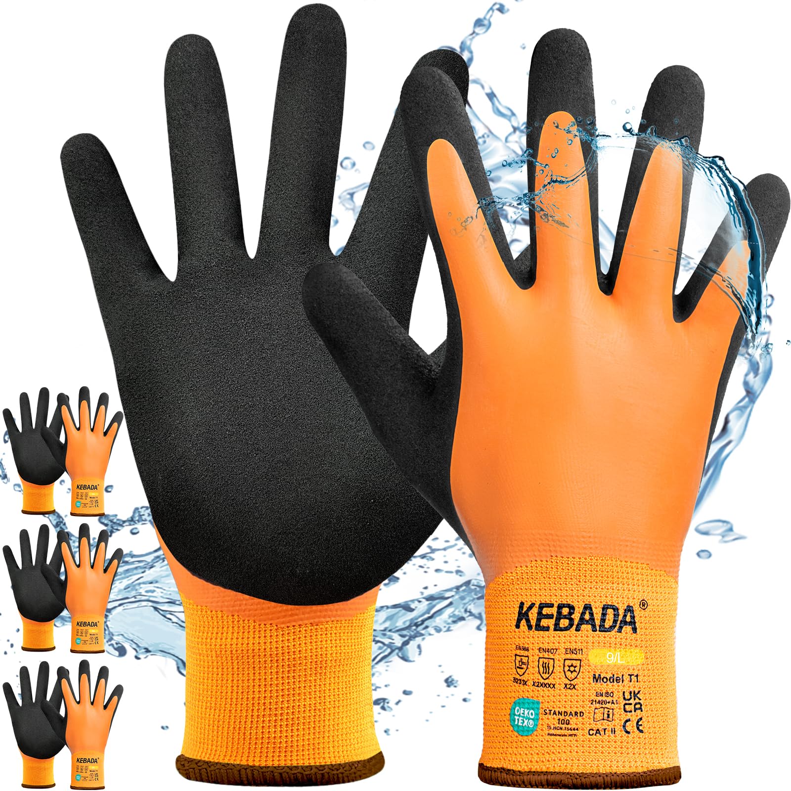 Kebada guantes de trabajo invierno unisex térmicos impermeables T1, 3 pares | Talla 9/L, hombre/mujer, forro cálido, palma de látex antideslizante para cámara fría, almacén, jardinería y frío exterior
