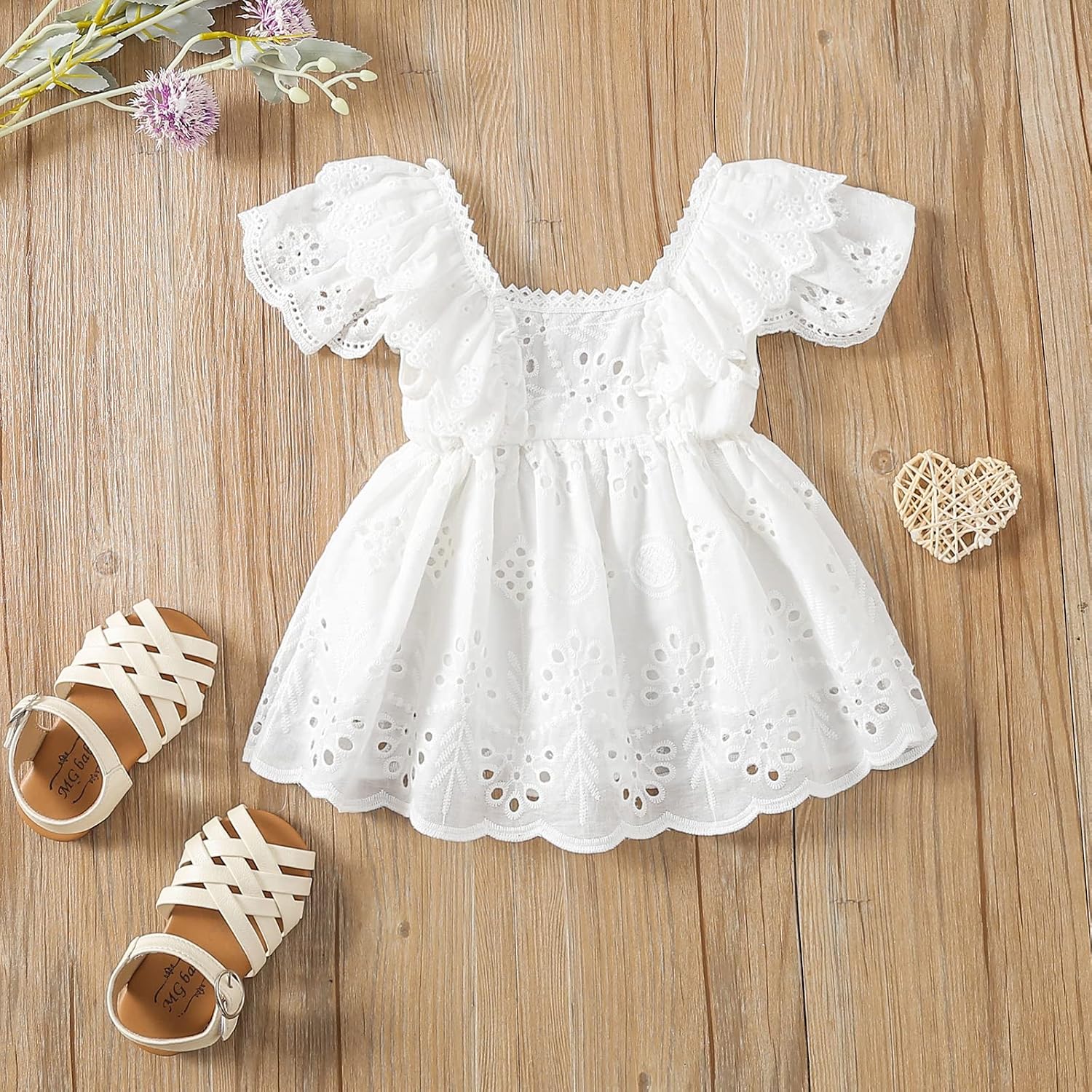 Newborn Infant Girls Short Sleeve Lace Dress - Solid Color Hollow Out Ruffles Decor Sweet Casual White (6-12 Months)
