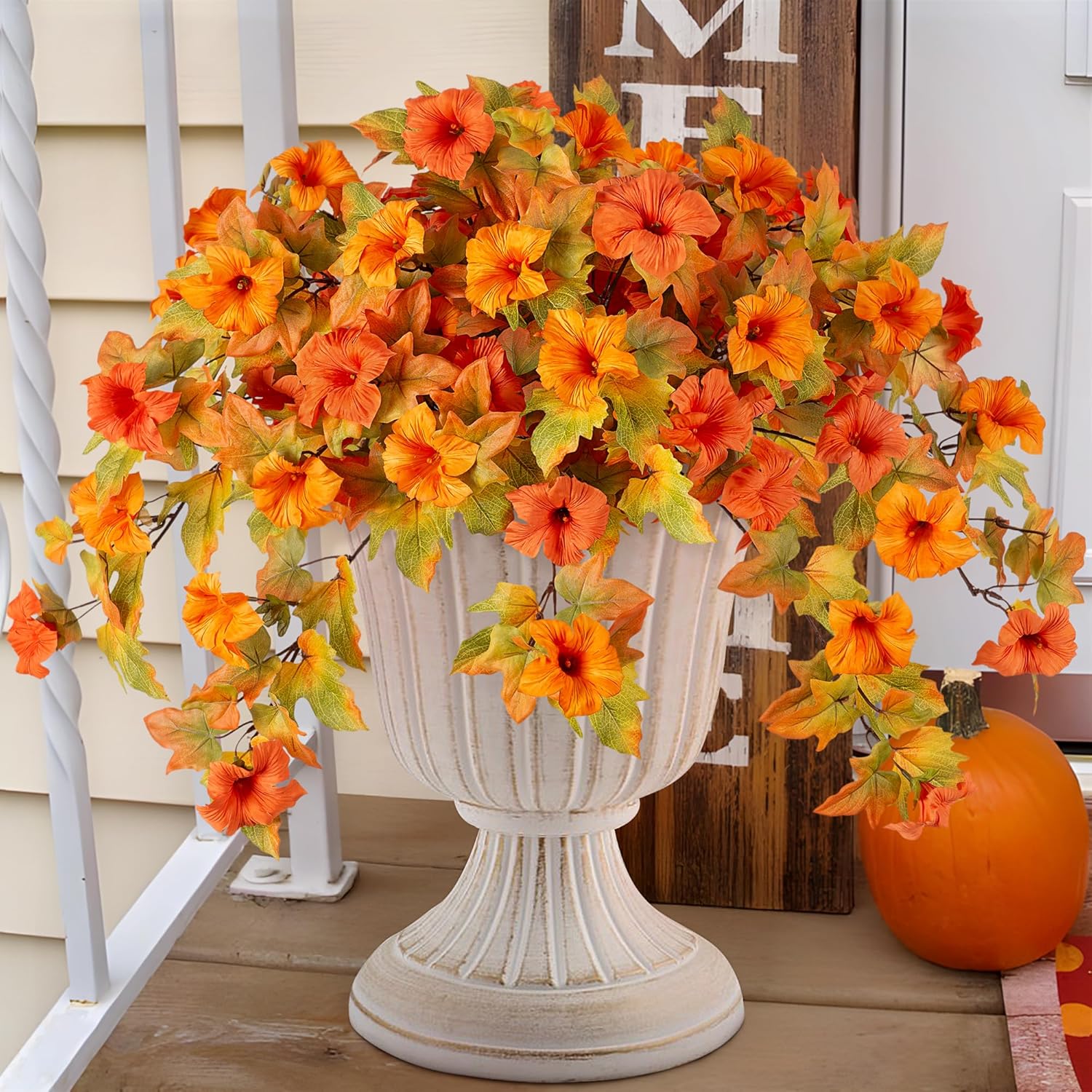Fall Flowers Artificial for Decoration Fake Petunias Plants for Outdoor, 2PCS Autumn Silk Faux Flower UV Resistant No Fade Planter Floral for Garden Balcony Yard Porch Realistic Indoor Decor (Orange) Orange Yellow