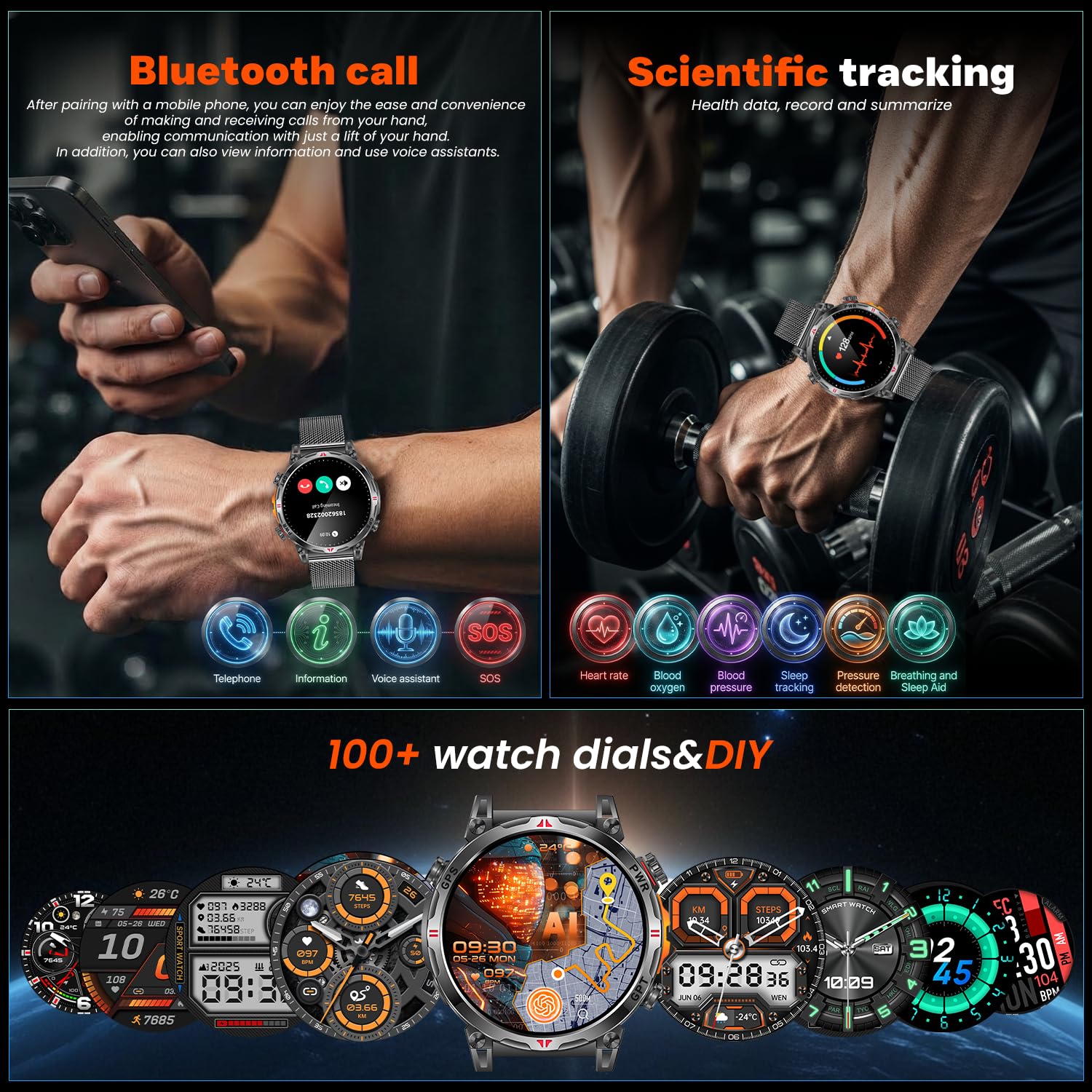 Reloj Inteligente Smartwatch Hombre con GPS: 1.7''AMOLED Pantalla Táctil Bluetooth SmartWatch con GPT Ai Esfera Brújula SpO2 Sueño Presión Arterial 100+Modo Deportivo 3ATM Impermeable Para Android iOS