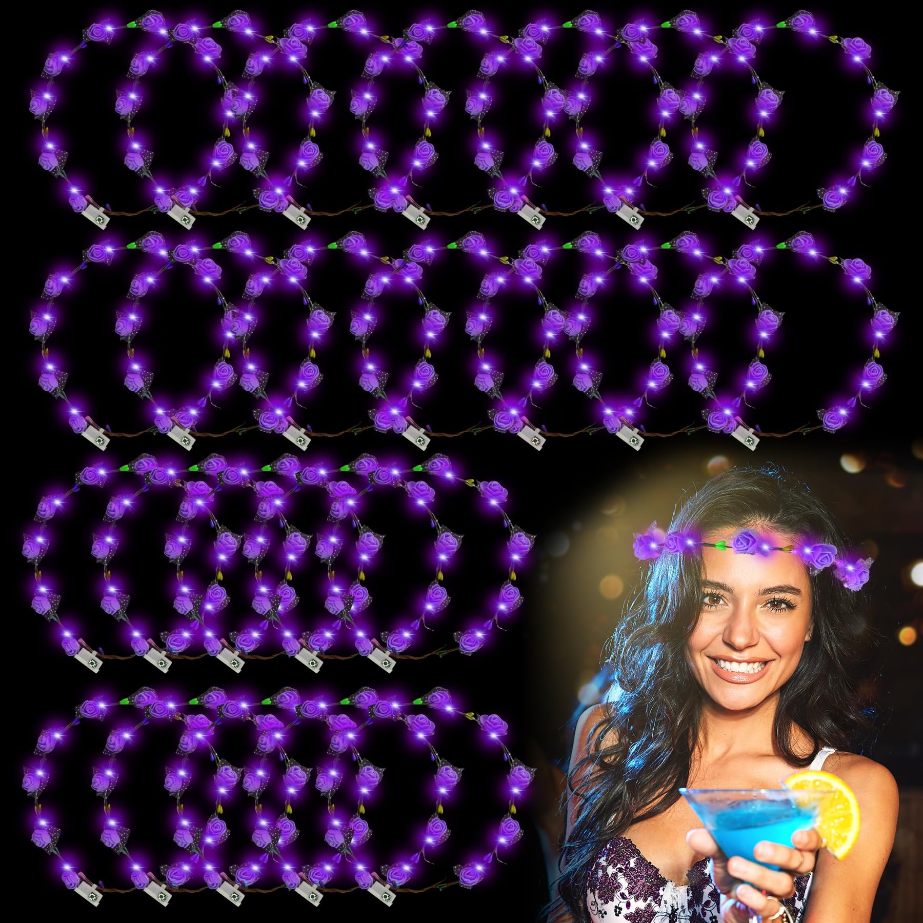 YOFOBU 36 Pcs Flower Crown Headband,Light Up Flower Headbands for Women,Glowing Floral Wreath Crowns for Wedding Beach Party (Purple)