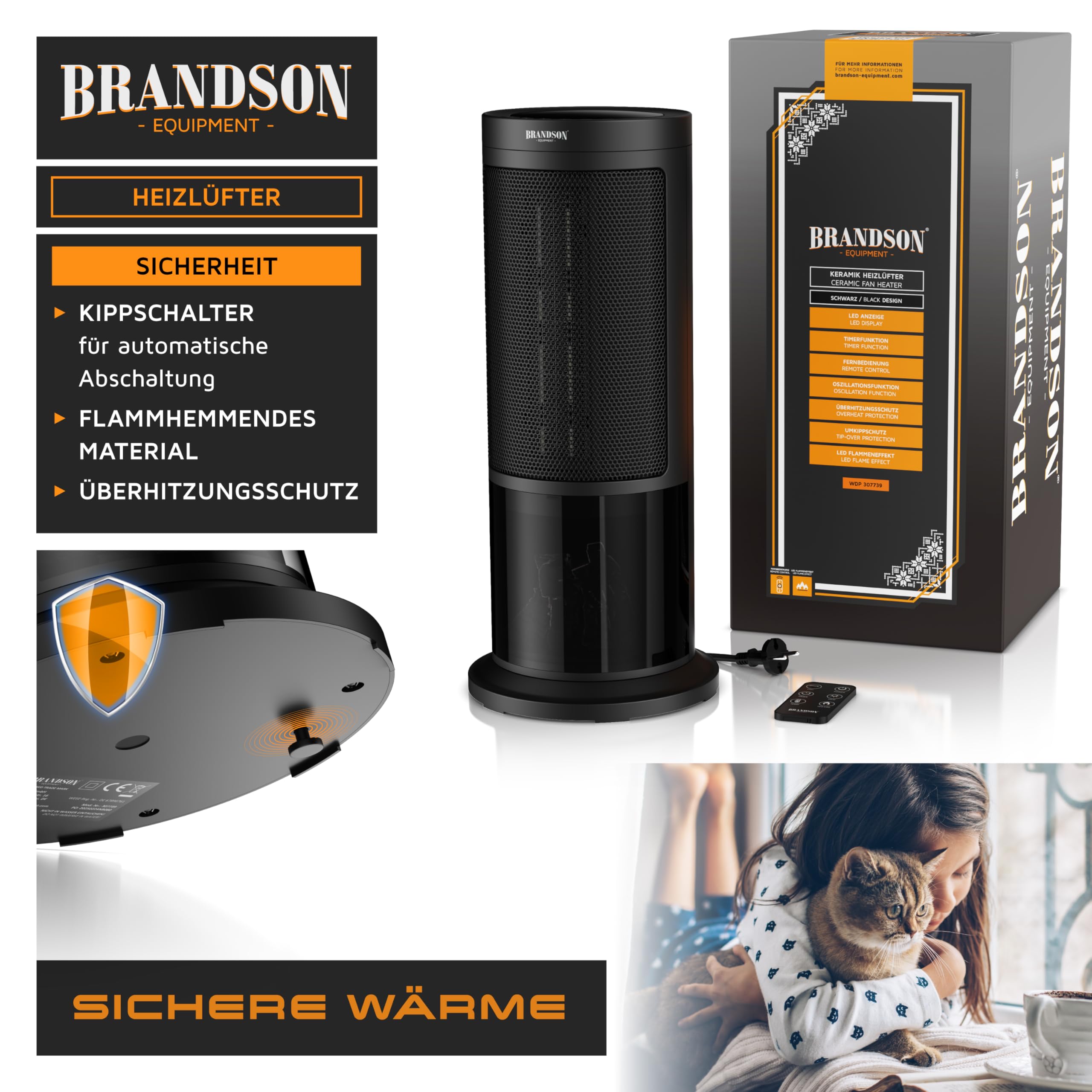 Brandson - Heizlüfter energiesparend leise - Kaminfeuer Effekt - Oszillation - mit Fernbedienung - Preisträger - 2 Stufen - Timer - Bad Wohnzimmer Büro Kinderzimmer