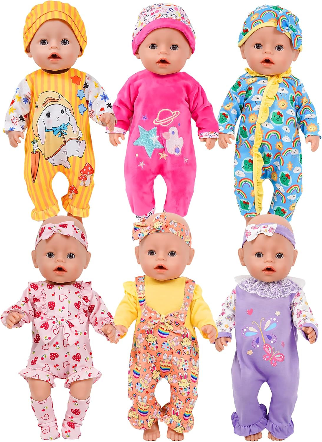 WONDOLL 6 Sets 14-16 Inch Baby Doll Rompers Outfits, Cute Newborn Clothes with Animal Prints for 16" Soft Body Dolls (No Doll)