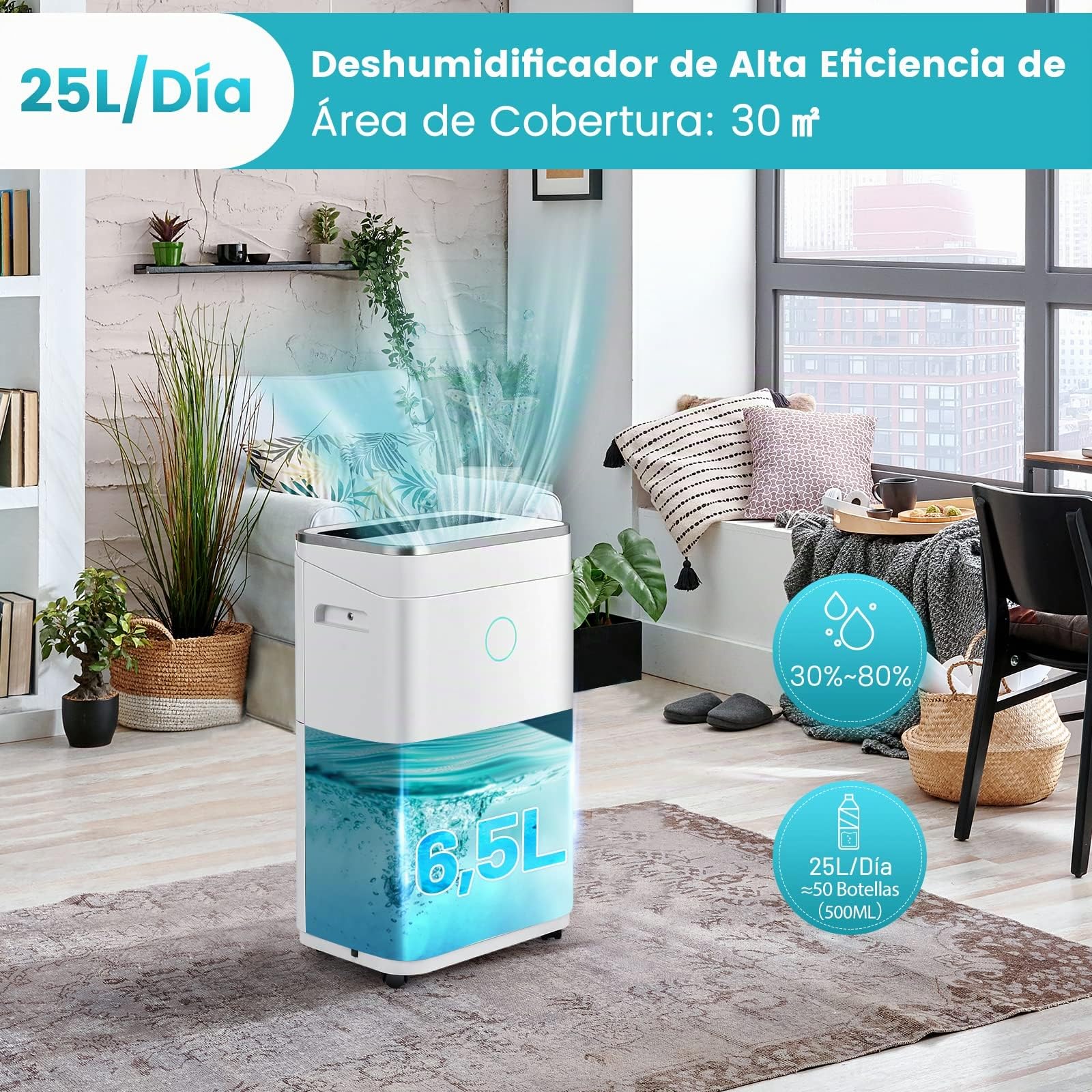 GOPLUS Deshumidificador 25L/Día con Tanque de agua 6,5L, Deshumificador de Humedad Hasta 30㎡, Temporizador 24 Horas y 2 Velocidades 3 Modos, Drenaje Automático o Manual, para Dormitorio Sótano Baño