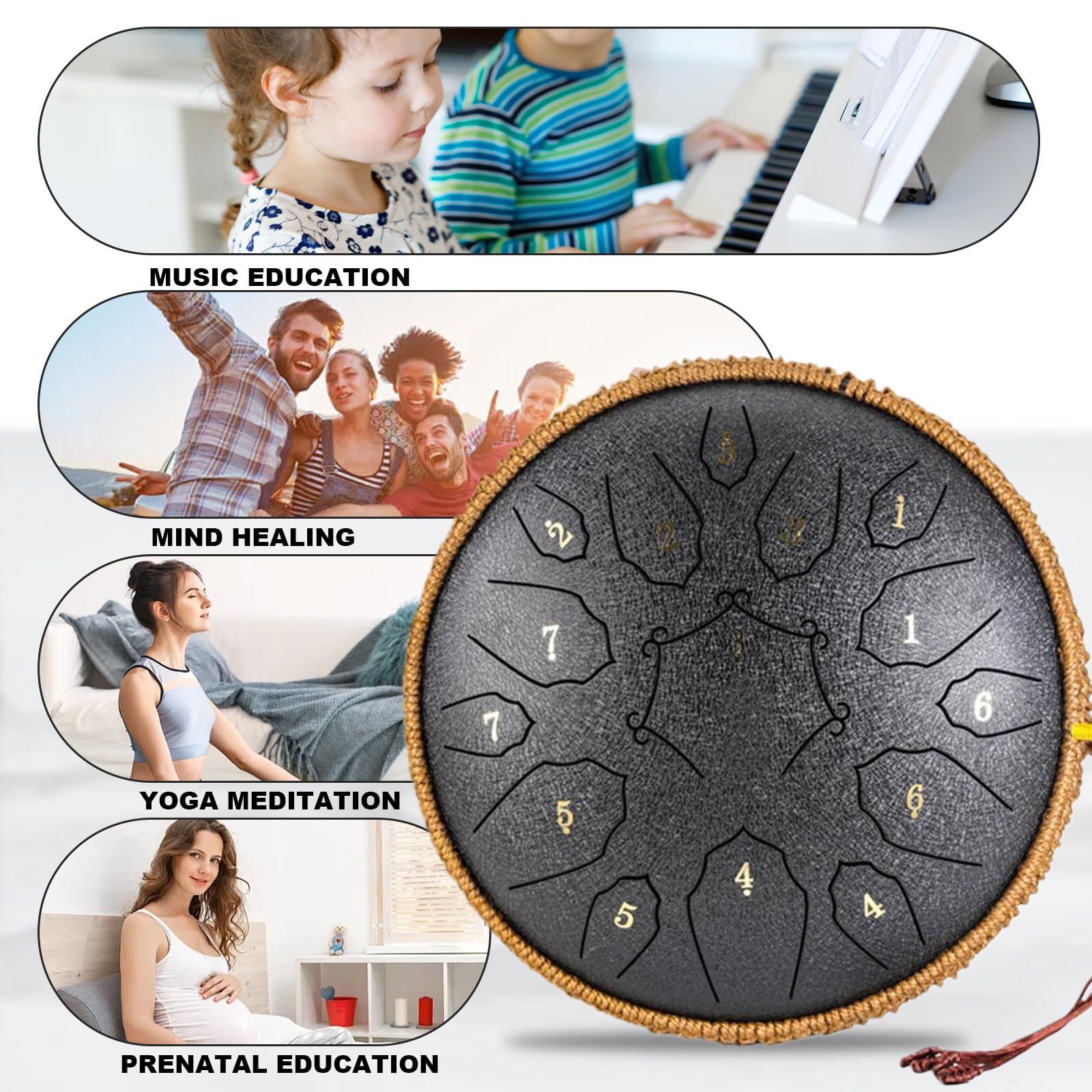 Tambor de lengua de acero – Tambor de lengua menor de 15 notas de 12 pulgadas de profundidad, instrumento de tambor de acero para adultos – Tambores de mano con libro de música, mazos de