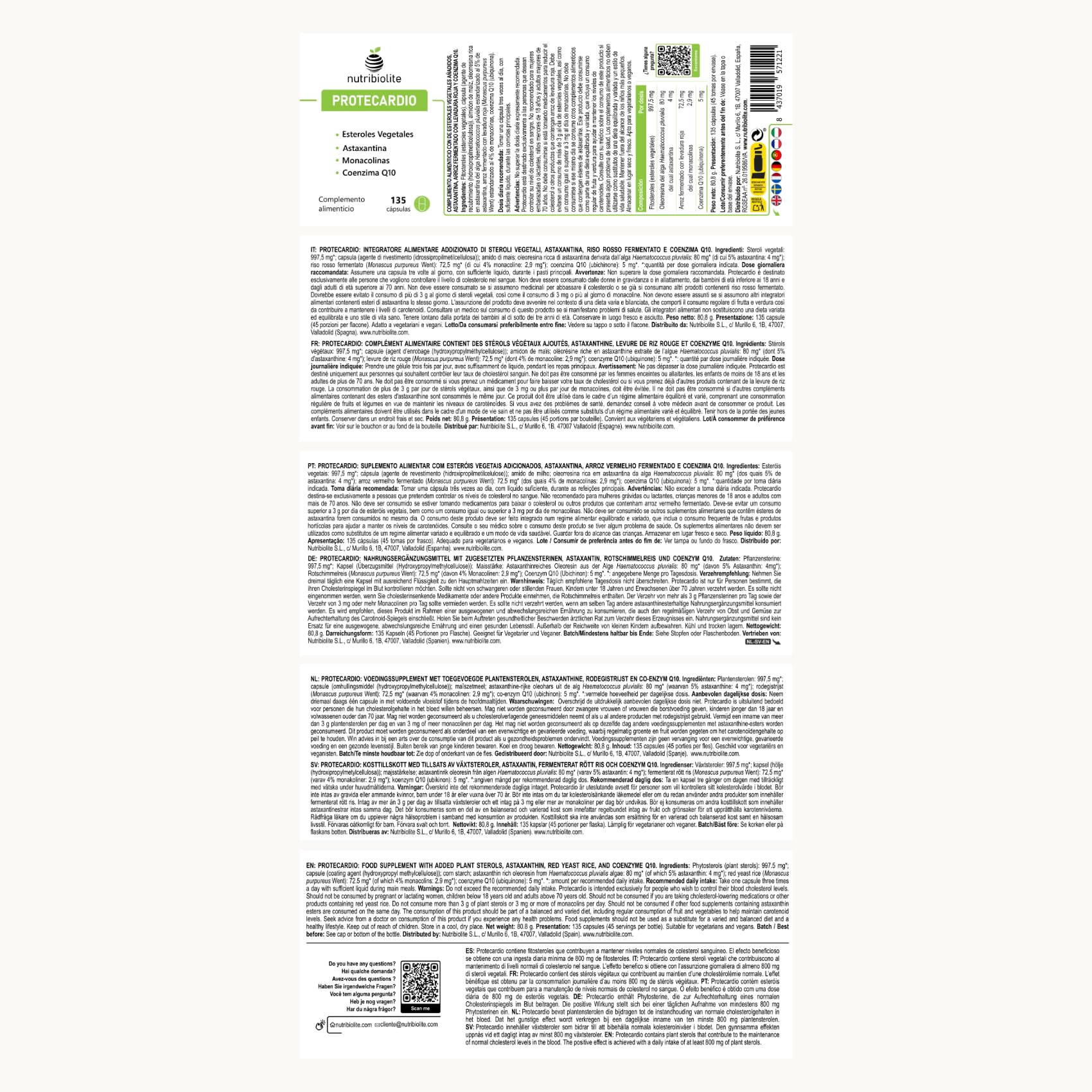Stérols Végétaux (Phytostérols), Levure de Riz Rouge (Monacolines), Astaxanthine et Coenzyme Q10 – Cholestérol et Triglycérides – 135 gélules – Végan – Sans additifs | Protecardio Nutribiolite