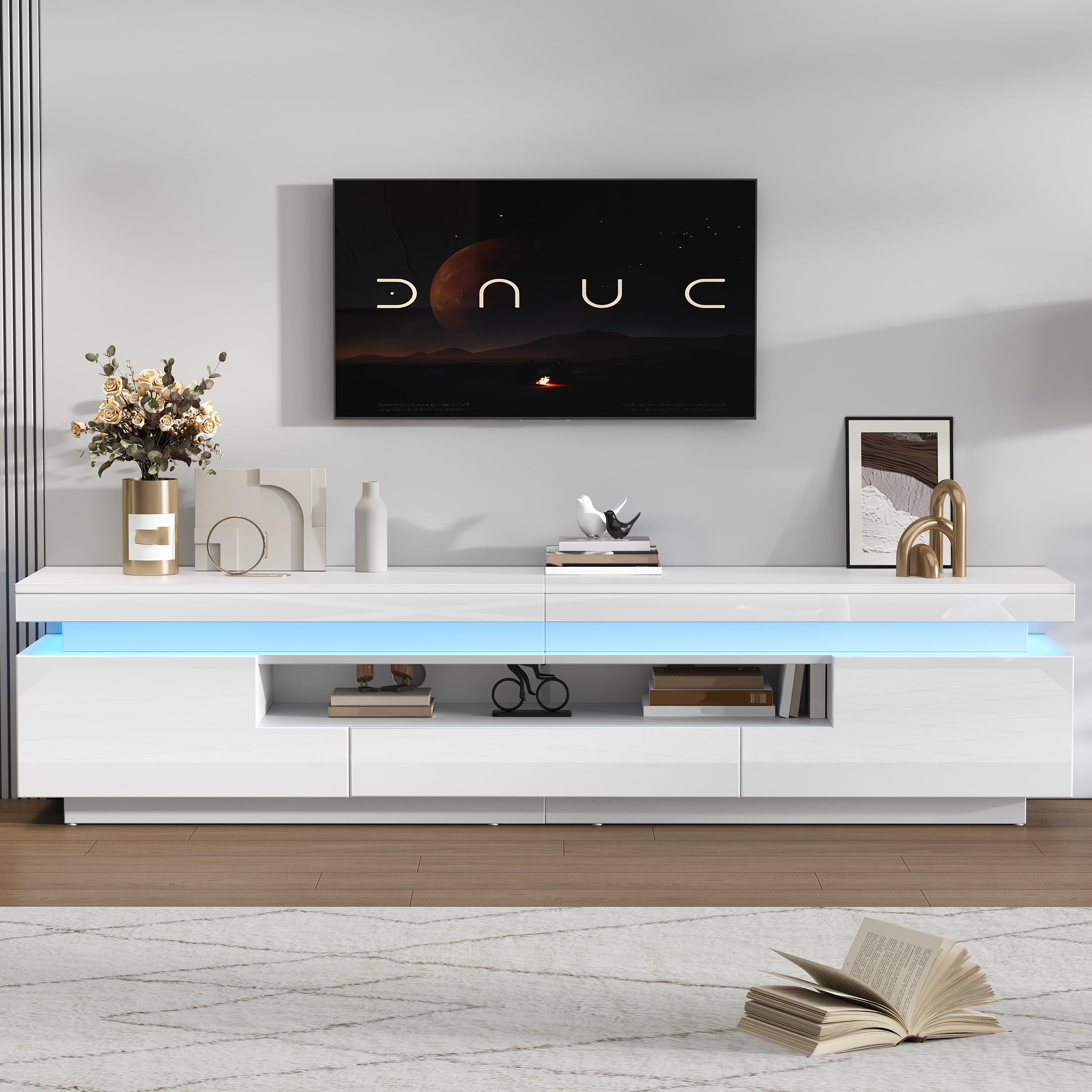 Meuble TV à Haute luminosité avec LED Portes tiroir Panneau Bas pour TV Jusqu’à 75 Pouces Meubles de Base avec Espace de Rangement Semi-Ouvert pour Le Salon Table d’Armoire TV Blanc