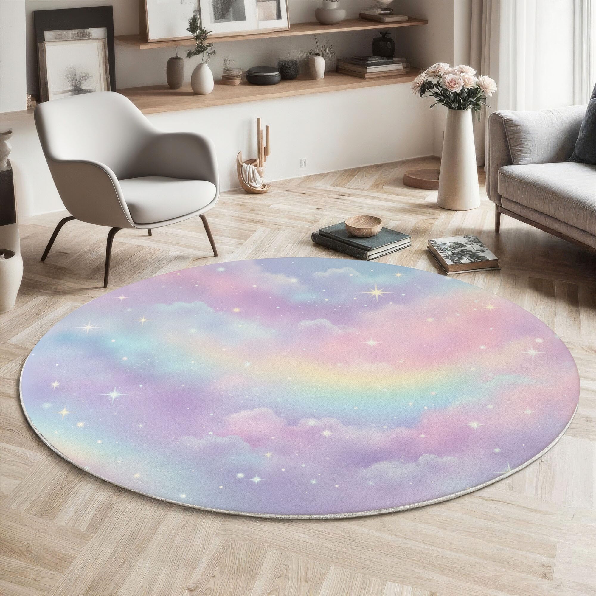 Tapis rond ciel étoilé nuages arc-en-ciel lavable en machine de 80cm