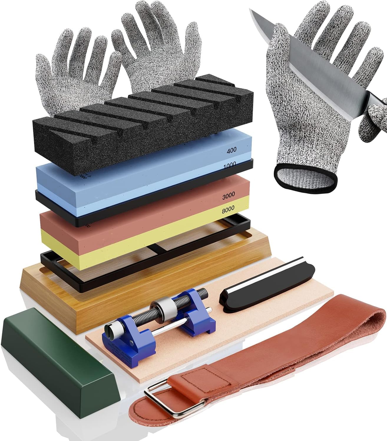 Knife Sharpening Stone Set - 4 Side Grit 400/1000 3000/8000 Whetstone Sharpener Kit - Non-Slip Bamboo Base,Cut Resistant Gloves, Angle Guide, Flatting Stone,Honing Guide, Leather Strop