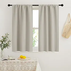 RYB HOME Kitchen Curtains Blackout - Thermal Insulating Small Window Curtains for Bathroom Basement Bedroom Cafe Classroom Light Block Drapes, W 34 x L 48 inches, Natural, 2 Panels