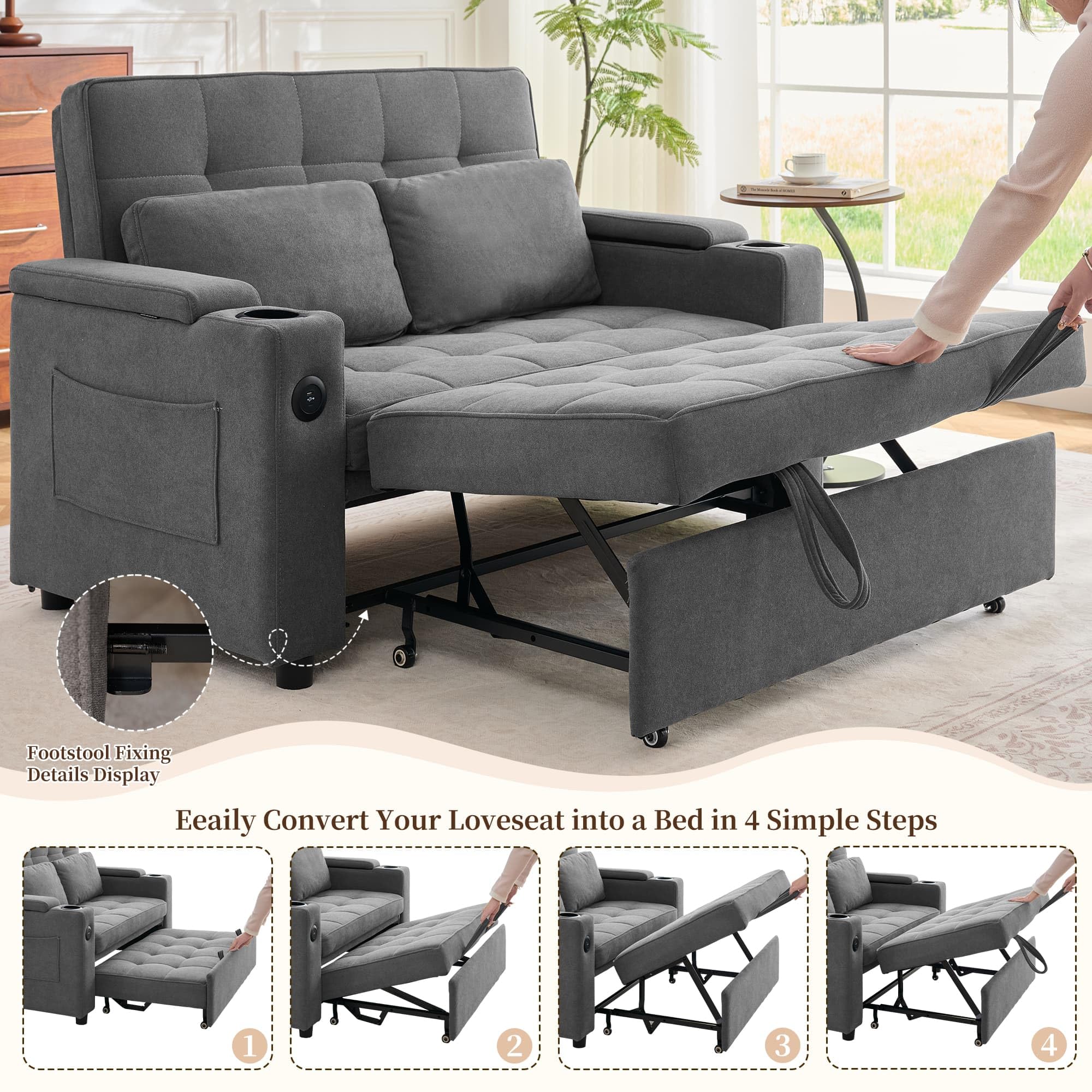 Korser 55.5'' 3-in-1 Convertible Sofa Bed, Pull Out Couch with 5-Position Adjustable Backrest, Loveseat Sleeper Sofa for Small Spaces, Sofa Couch with Cup Holders for Living Room, Office, Chenille