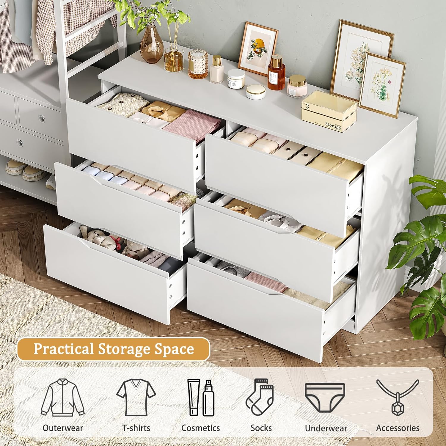 White 6 Drawer Dresser for Bedroom,47.2" Wide Chest of Drawers with Groove Handle,Wood Double Dressers with Sleek Lines,Modern Storage Cabinet for Living Room,Hallway
